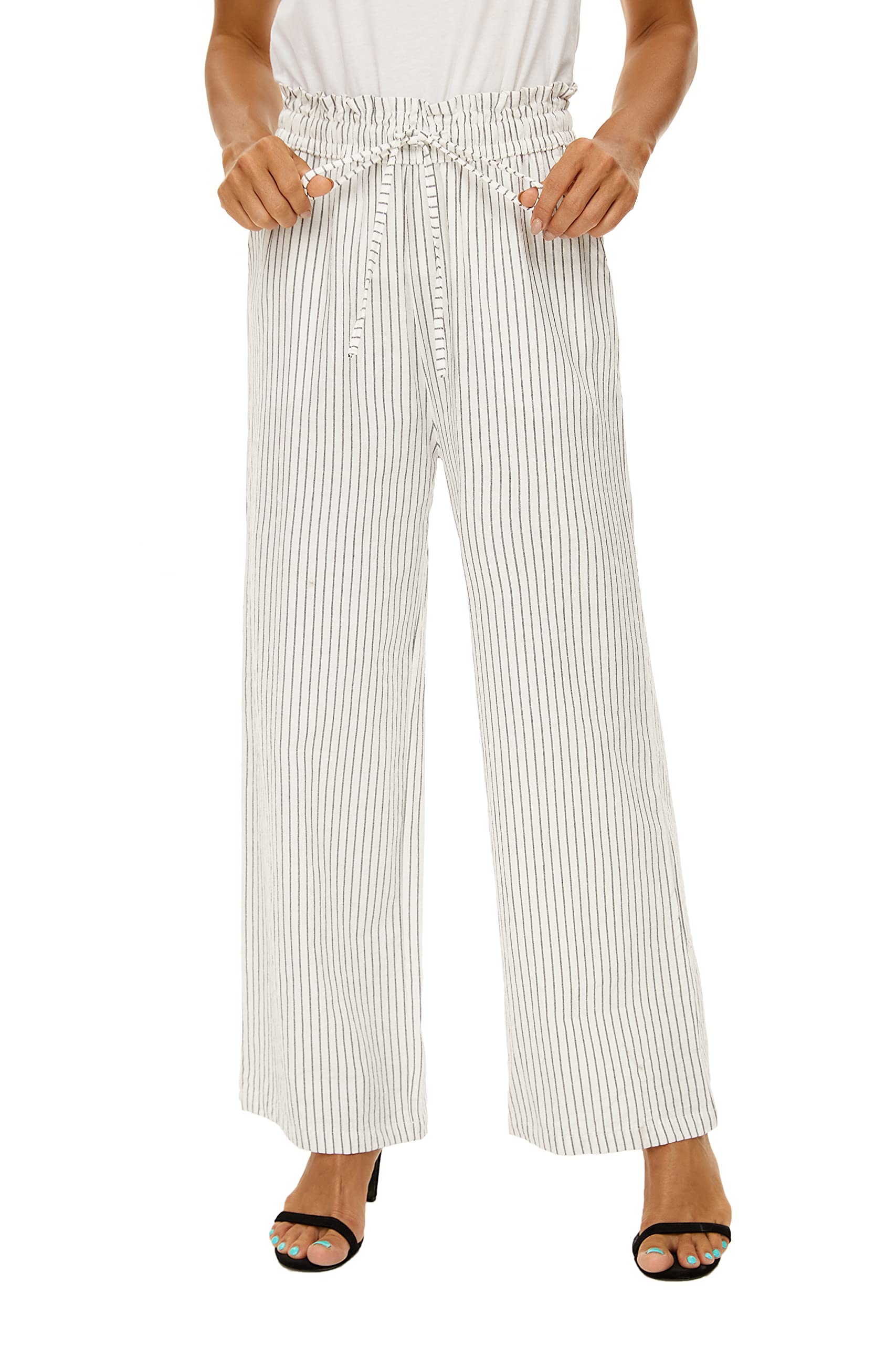 Womens Wide Leg Palazzo Lounge Pants Cotton Linen Elastic Waist Drawstring pegged Trousers with Pockets