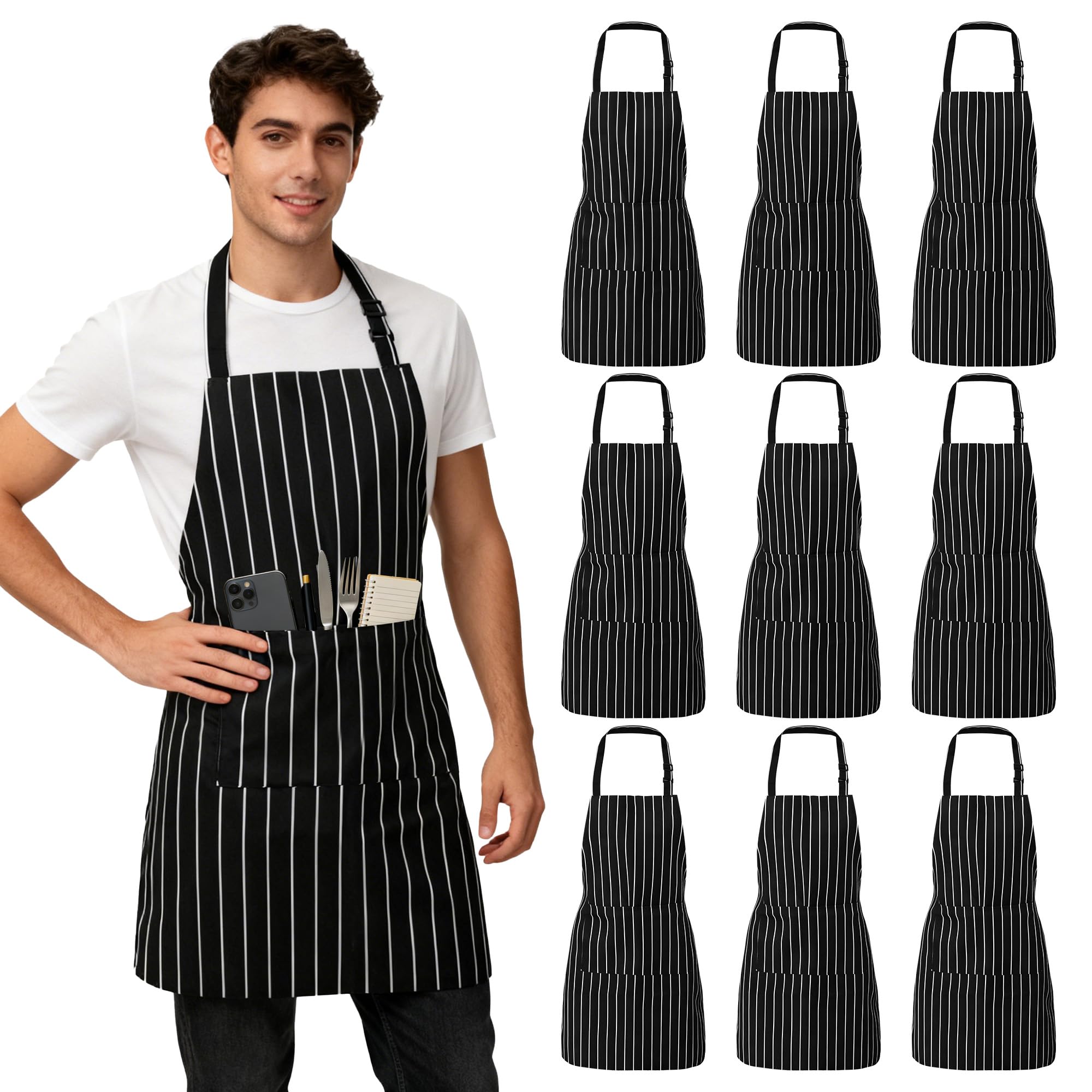 WENLISELL 10 Pack Adjustable Chef Apron, Stripe Kitchen Apron with 2 Pockets, Bib Apron for Home Kitchen, Catering, Restaurant, Cooking — image 1