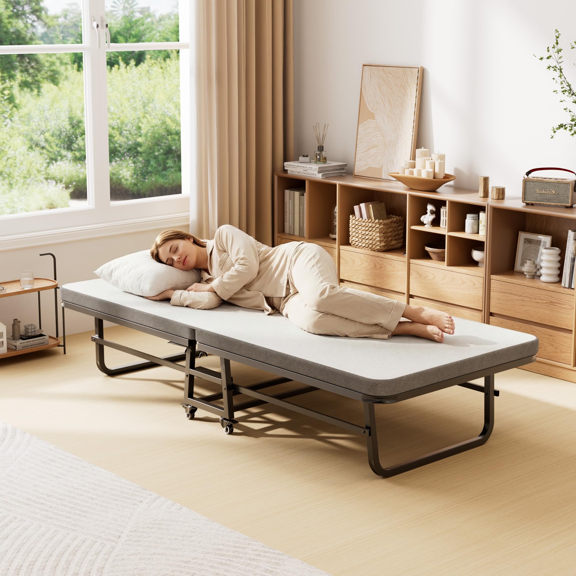 71.5x32 Foldable Bed with 2.2 inch Mattress, Folding Cot Size Frame, Portable Rollaway Guest Bed with Memory Foam Mattress, Space-Saving Foldable