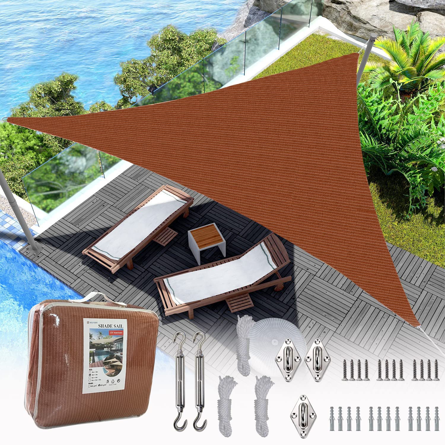 BelverySun Shade Sail Triangle Shade Net 5m×5m×5m With Installation Accessories Set Outdoor UV Blockage 320GSM (37 Pcs)