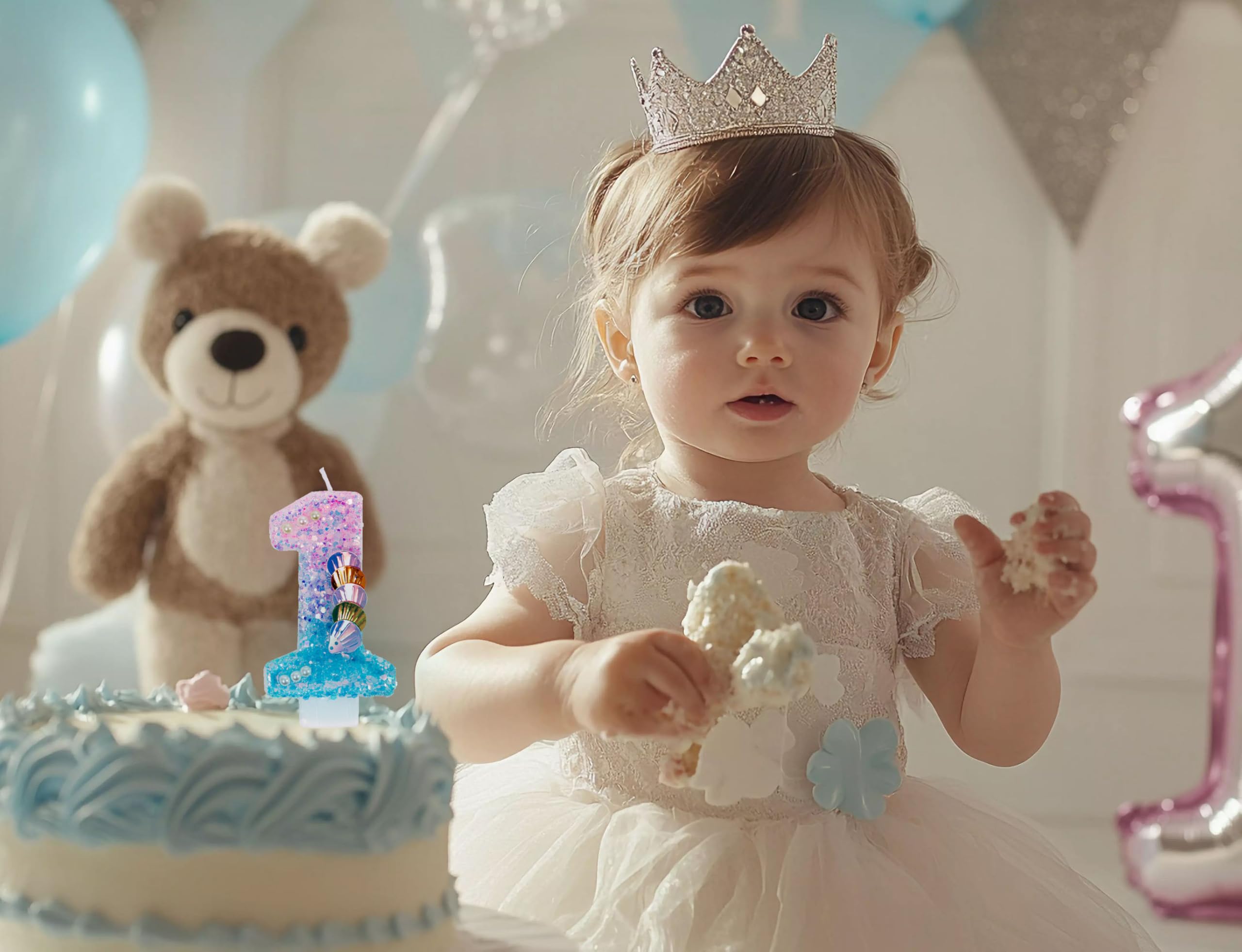 Vela de primer cumpleaños para niña – Sirena número 1 velas decoración de pastel para fiesta bajo el mar – Vela brillante con perlas y conchas – Variouslife