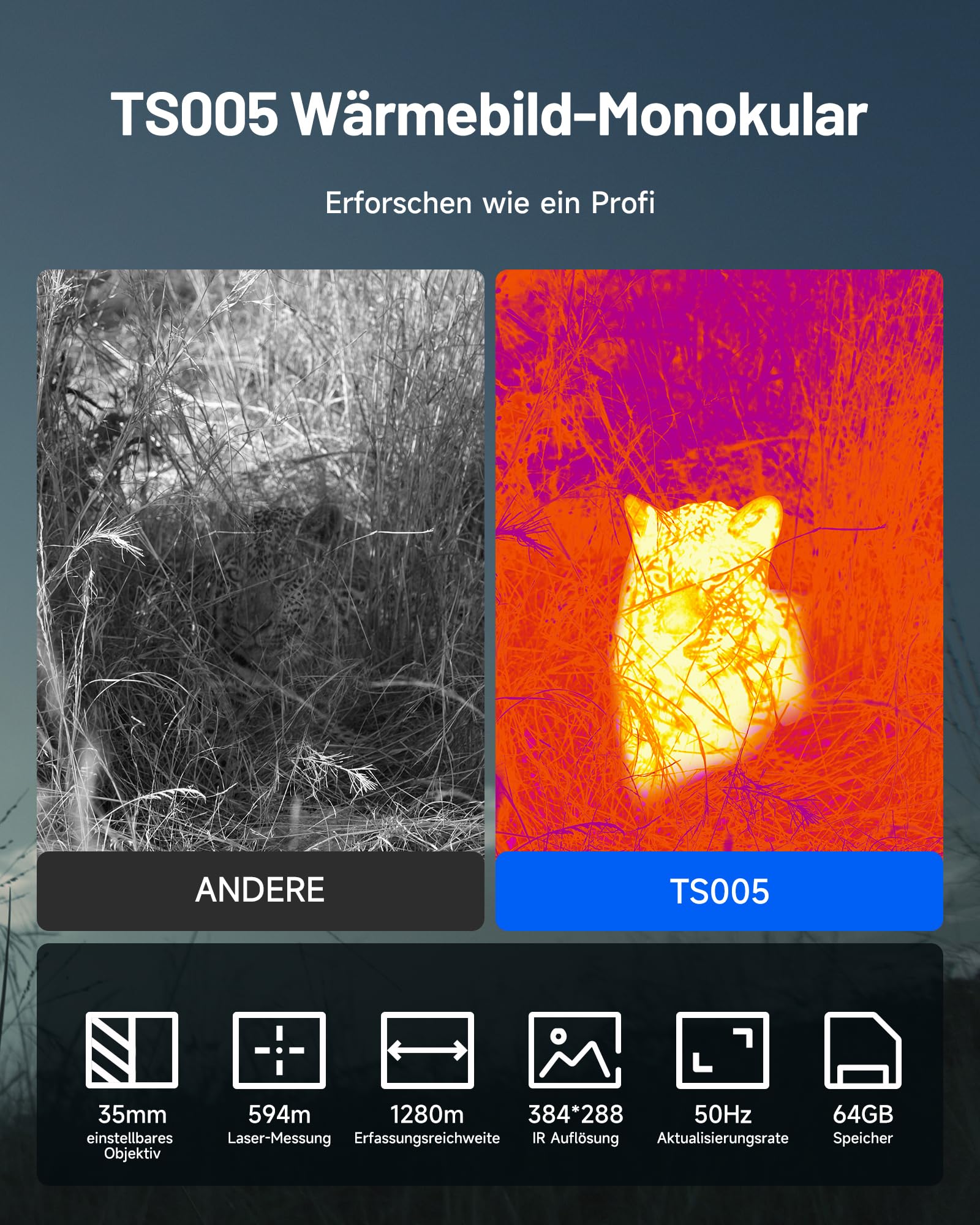 TOPDON TS005 Wärmebildkamera Jagd, 384x288 IR-Auflösung, 35mm verstellbares Objektiv, 600m Laserentfernung, 50Hz Wärmebild-Nachtsicht-Monokular, 64GB Speicher, für Tierbeobachtung & Outdoor-Erkundung