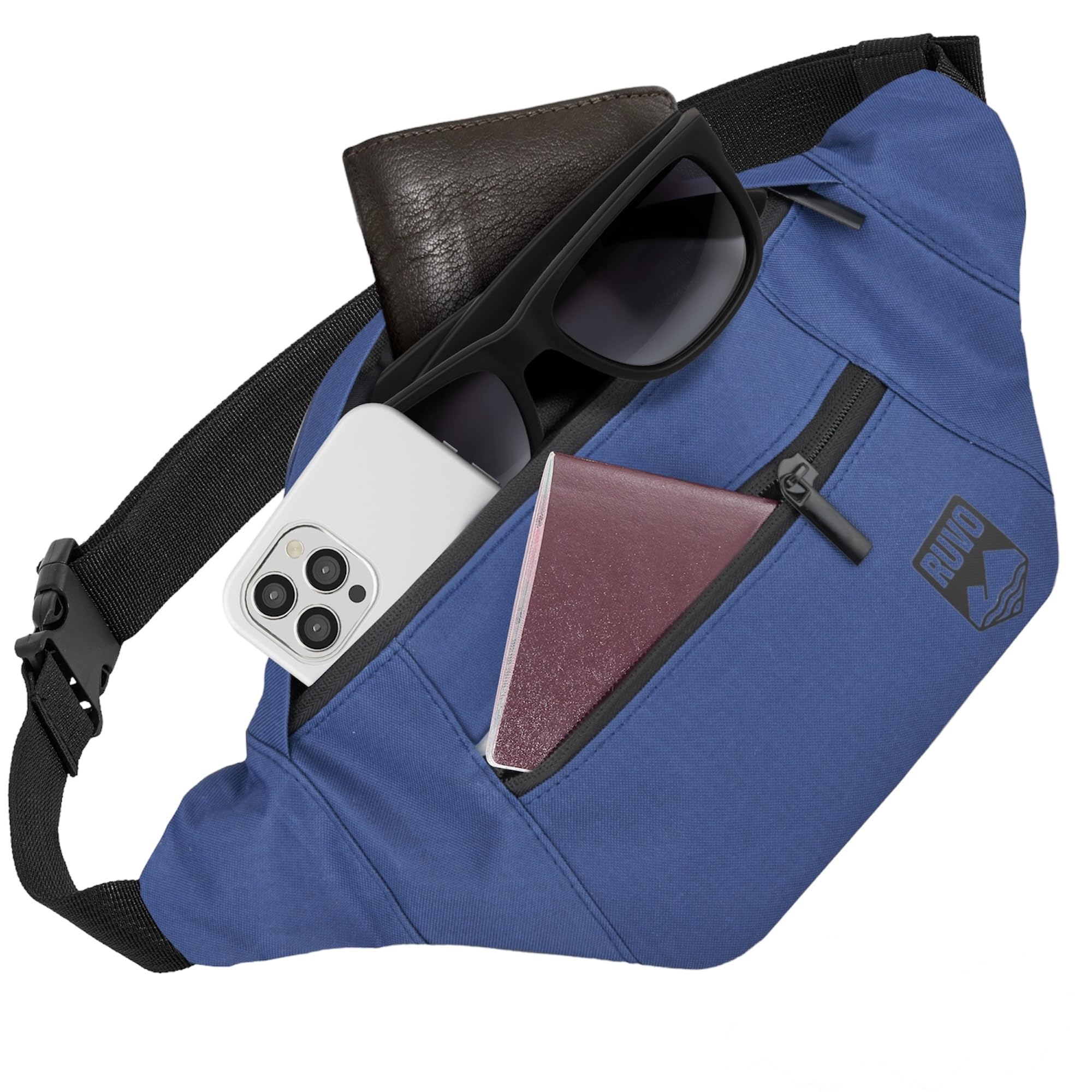 RUVO® Bauchtasche Herren und Damen | stylische Gürteltasche für maximalen Stauraum | 4 Fächer jeweils mit Reißverschluss | für alle Aktivitäten geeignet