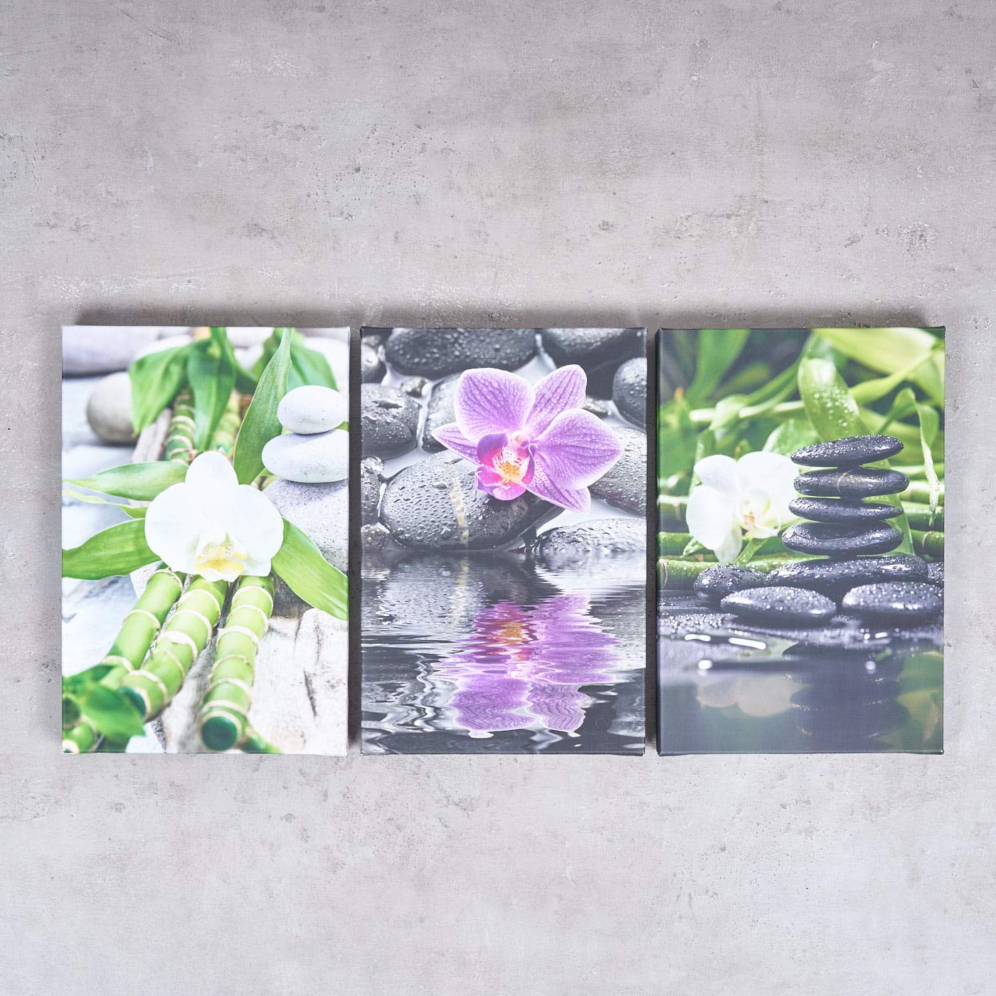 levandeo 3er Set Wandbild je 30x20cm Leinwand Orchideen Bambus Wellness Deko Wanddeko Keilrahmen