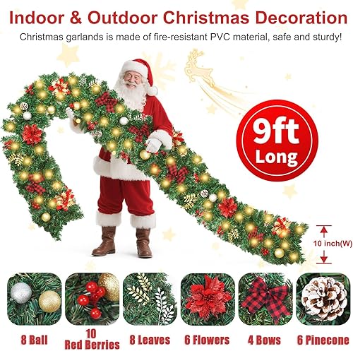 Miniatura 3 de Guirnalda de decoración de Navidad, guirnalda de Navidad preiluminada de 9 pies con 60 luces LED, guirnaldas para manto con piñas, flores, bayas,