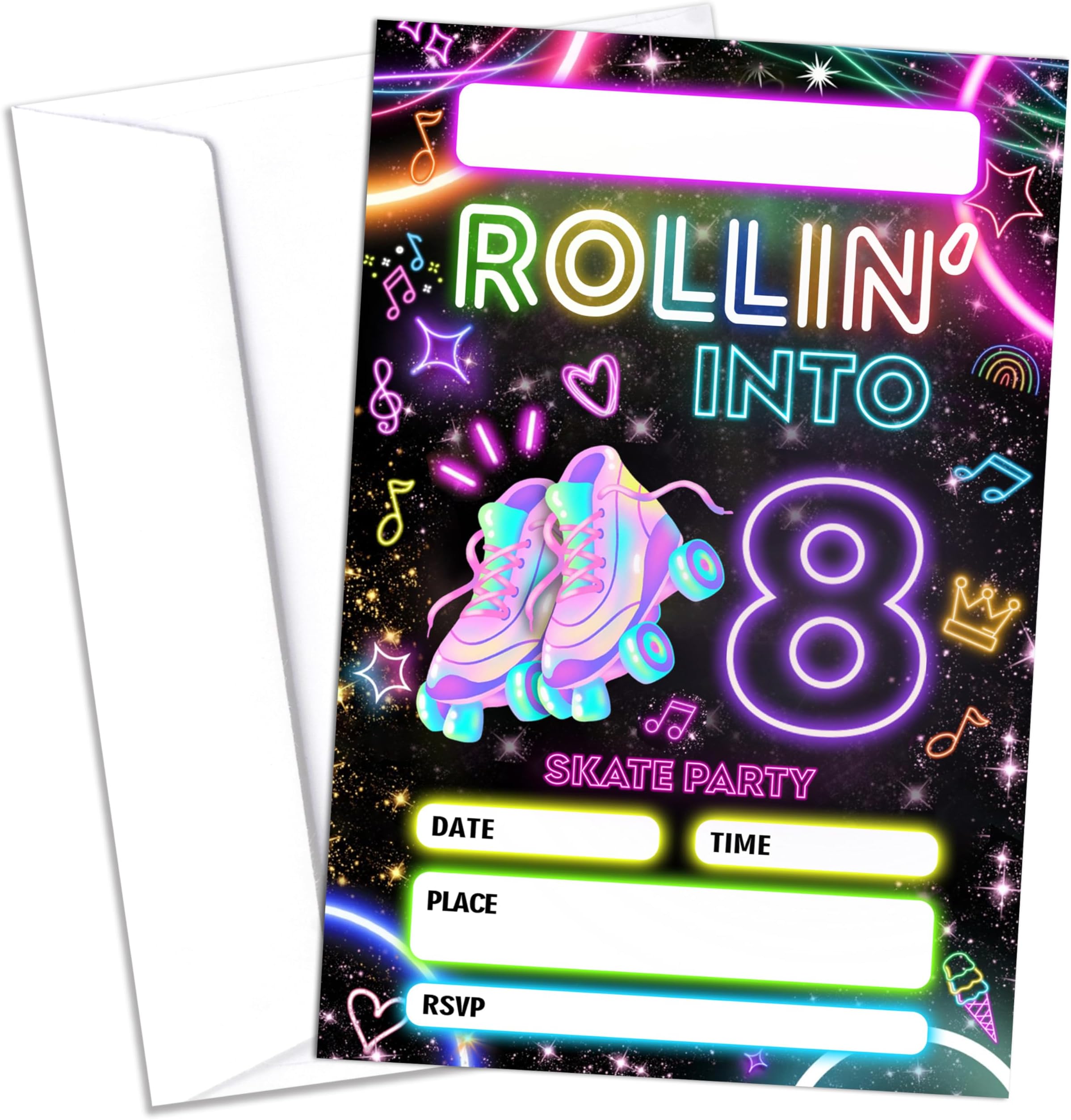 8th Roller Skating Birthday Party Invitations, 20 Pcs Skate Party Invitations with Envelopes, Roller Skate Theme Birthday Invites for Boys Girls, 8th Birthday Party Supplies (4x6 inch)