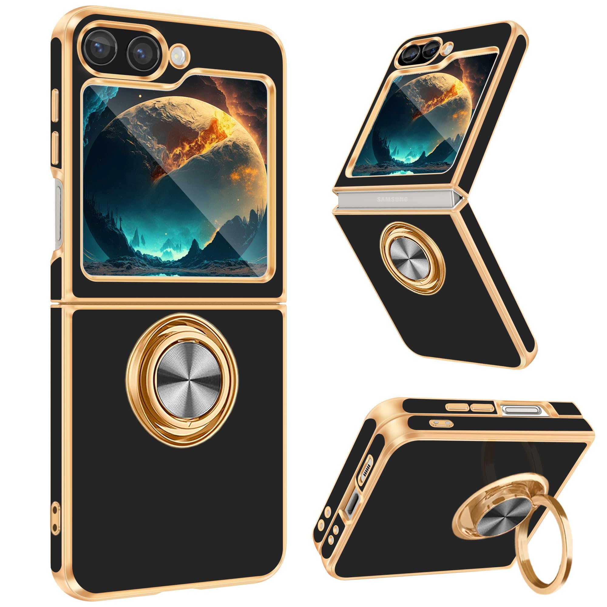 Fingic for Samsung Galaxy Z Flip 6 Case[with 360° Rotatable Ring Holder][Support Magnetic Car Mount]Shiny Plating Gold Slim Thin Soft TPU Shockproof Case for Samsung Z Flip 6 for Women Men,6.7”,Black