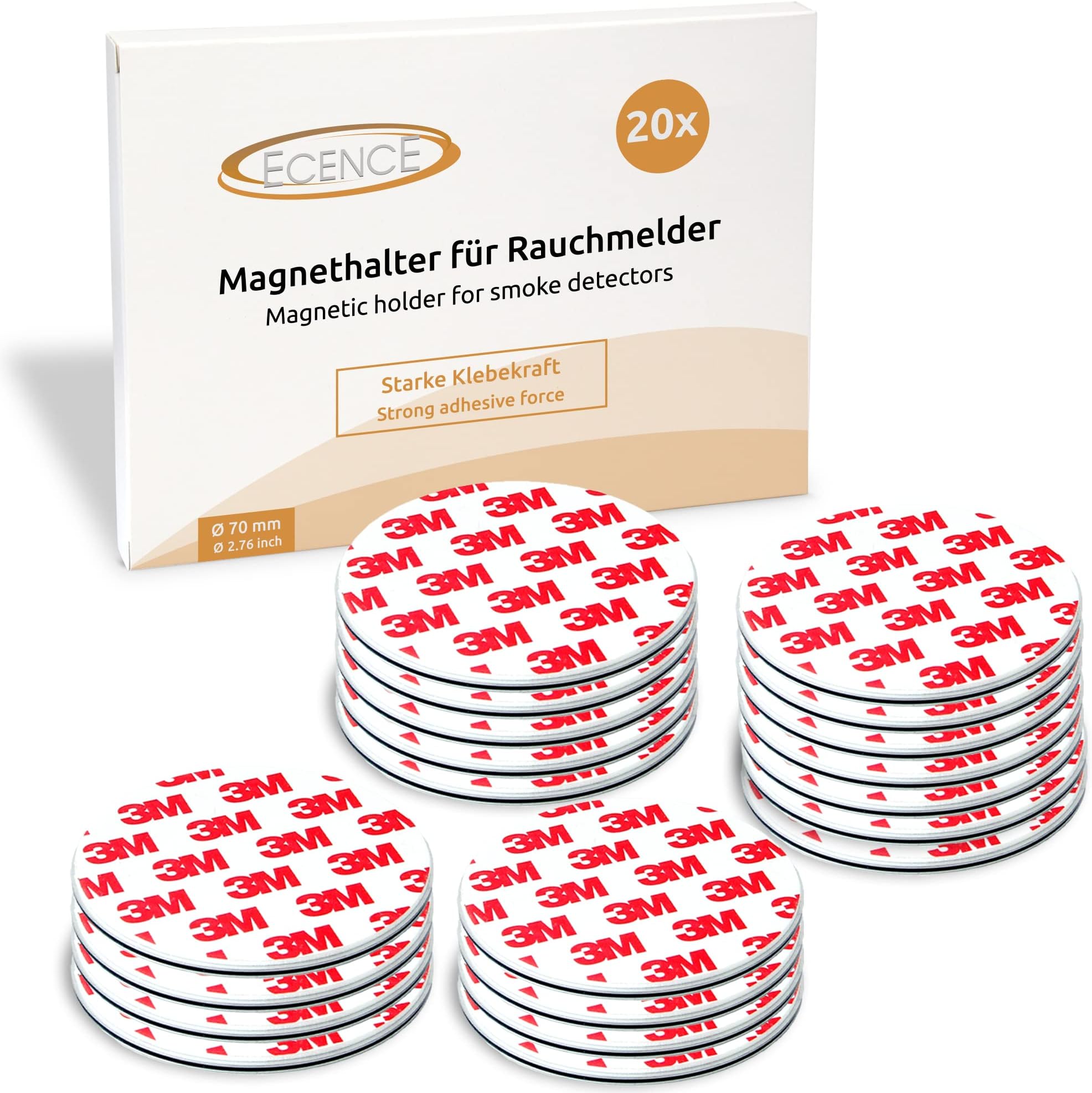 ECENCE Magnetic Smoke Detector Installation Tool 20pcs Magnetic Adhesive Pads with 3M Glue for Smoke Alarms Ø 70mm, No Drilling Or Screws, Quick and Easy Fastening