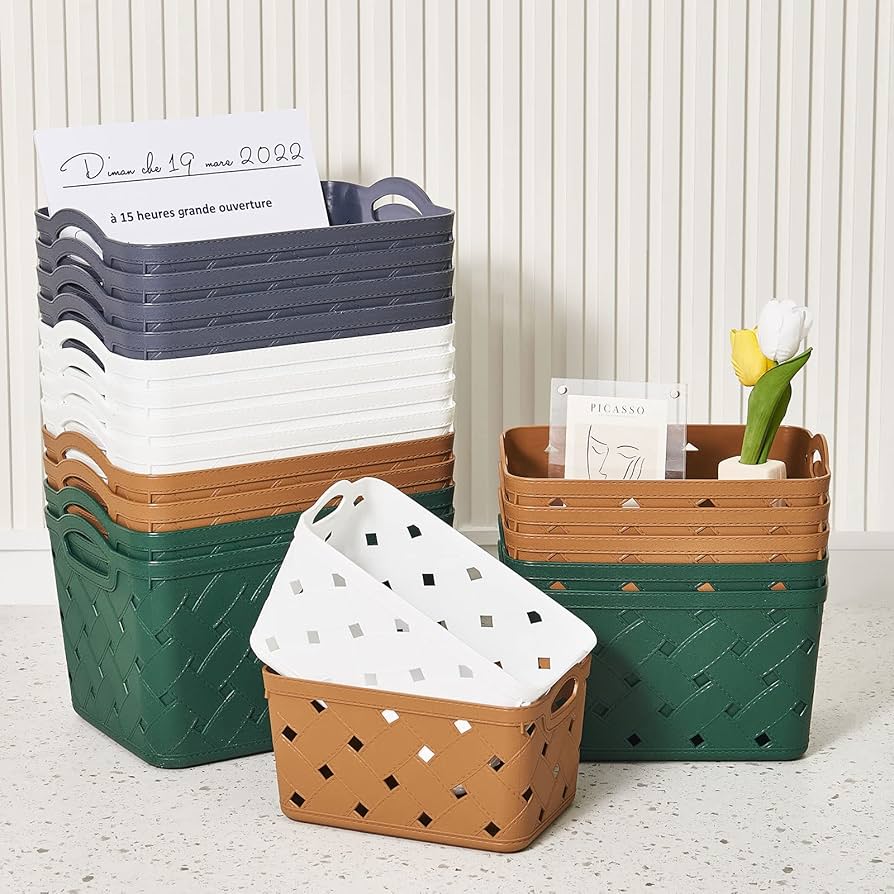 Plastic Storage Baskets,4 Pack Plastic Storage Baskets With Handles, Narrow