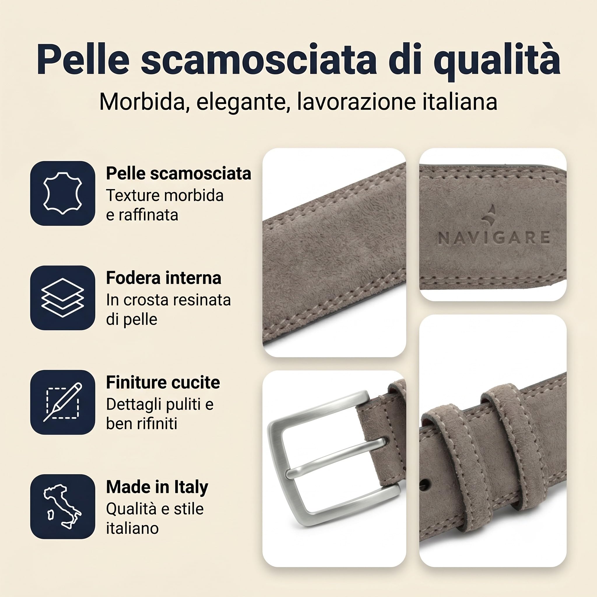 Navigare Eleganter Herrengürtel aus Wildleder, hergestellt in Italien, echtes Leder mit satinierter Dornschnalle, verstellbar und kürzbar