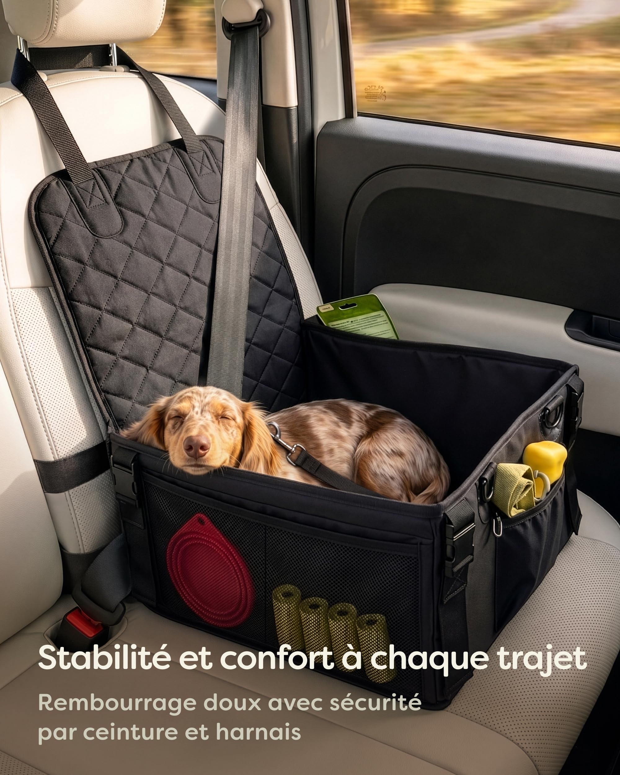 Knupis Siège Auto pour Petit Chien – Déperlant et Résistant aux Rayures avec 5 Poches – 4 Sangles de Fixation et Laisse Attachée – Parois Renforcées avec Dessous Antidérapant – Panier Chien Voiture