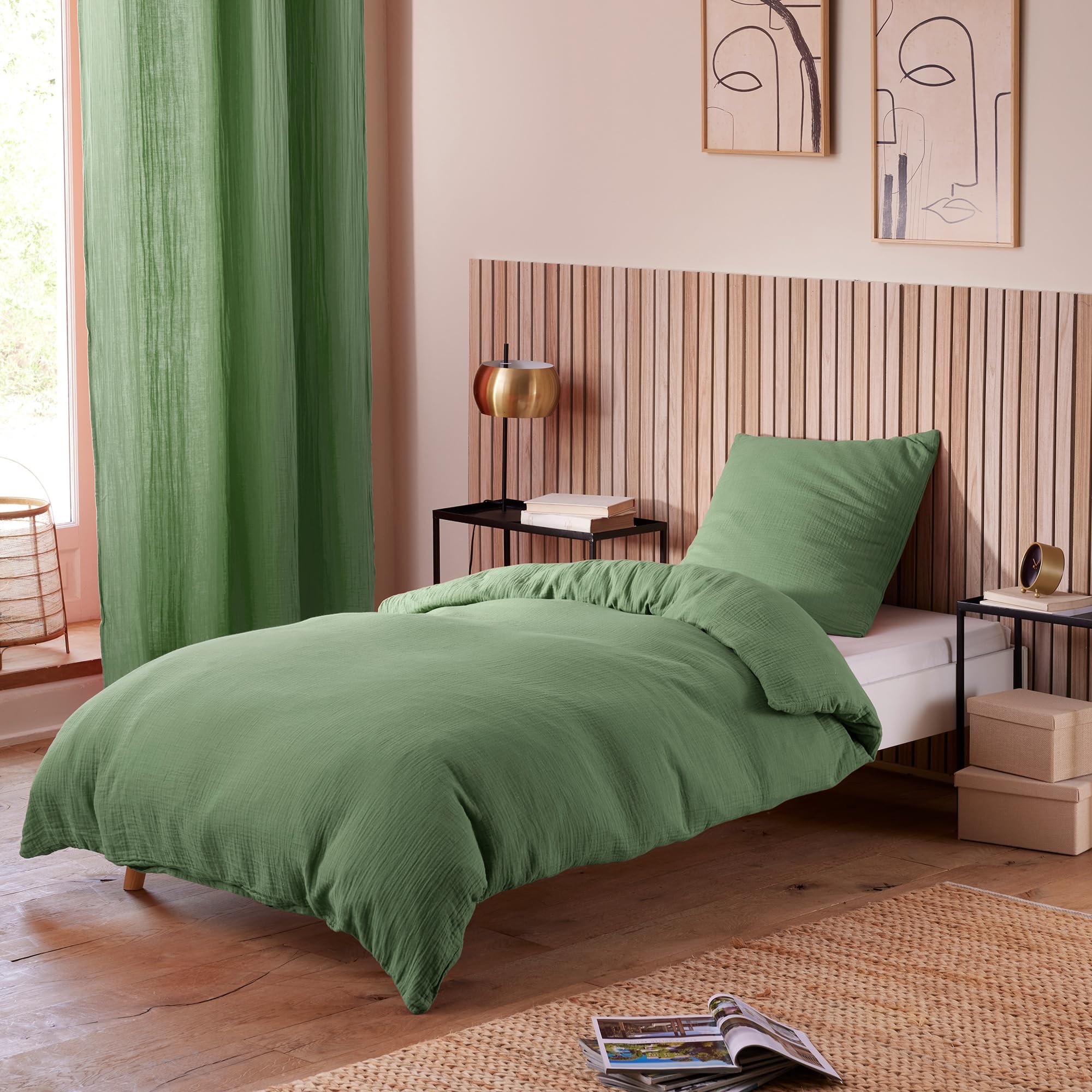 Housse de couette gaze de coton 140x200 lit single vert olive avec taie