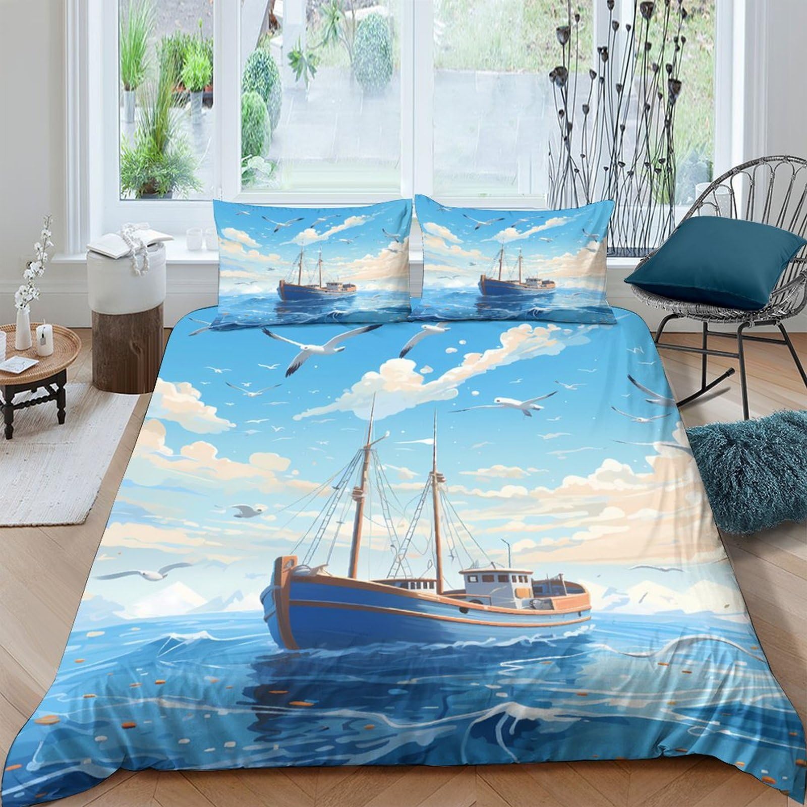 Ctjqhvkz Style-5 3D Printed Ocean Blue Boat Fitted Sheet Microfiber Soft Breathable Sky Seagull Mattress Cover For Bedroom Guestroom Decor Single（135X200cm）