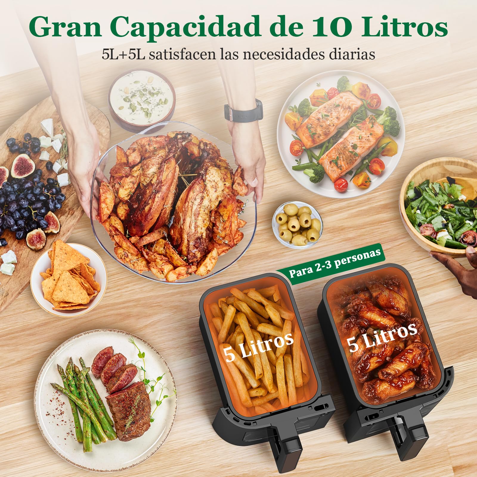 Freidora de Aire Doble Zona | 10L Freidora Aire Control Independiente Temperatura, 8-en-1 Freidora Sin Aceite con Ventana Observación Control Táctil máx 200℃, Air Fryer Grande 2600W Luz Incorporada