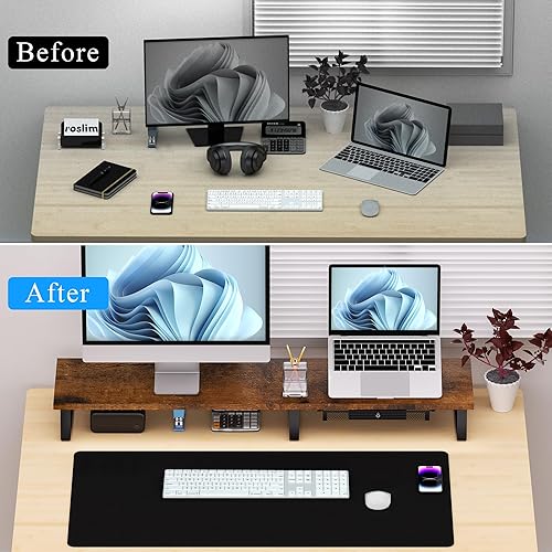 Miniatura 4 de Soporte elevador de escritorio para monitor doble, soporte de madera para 2 monitores, soporte de computadora con patas y cajón de metal,