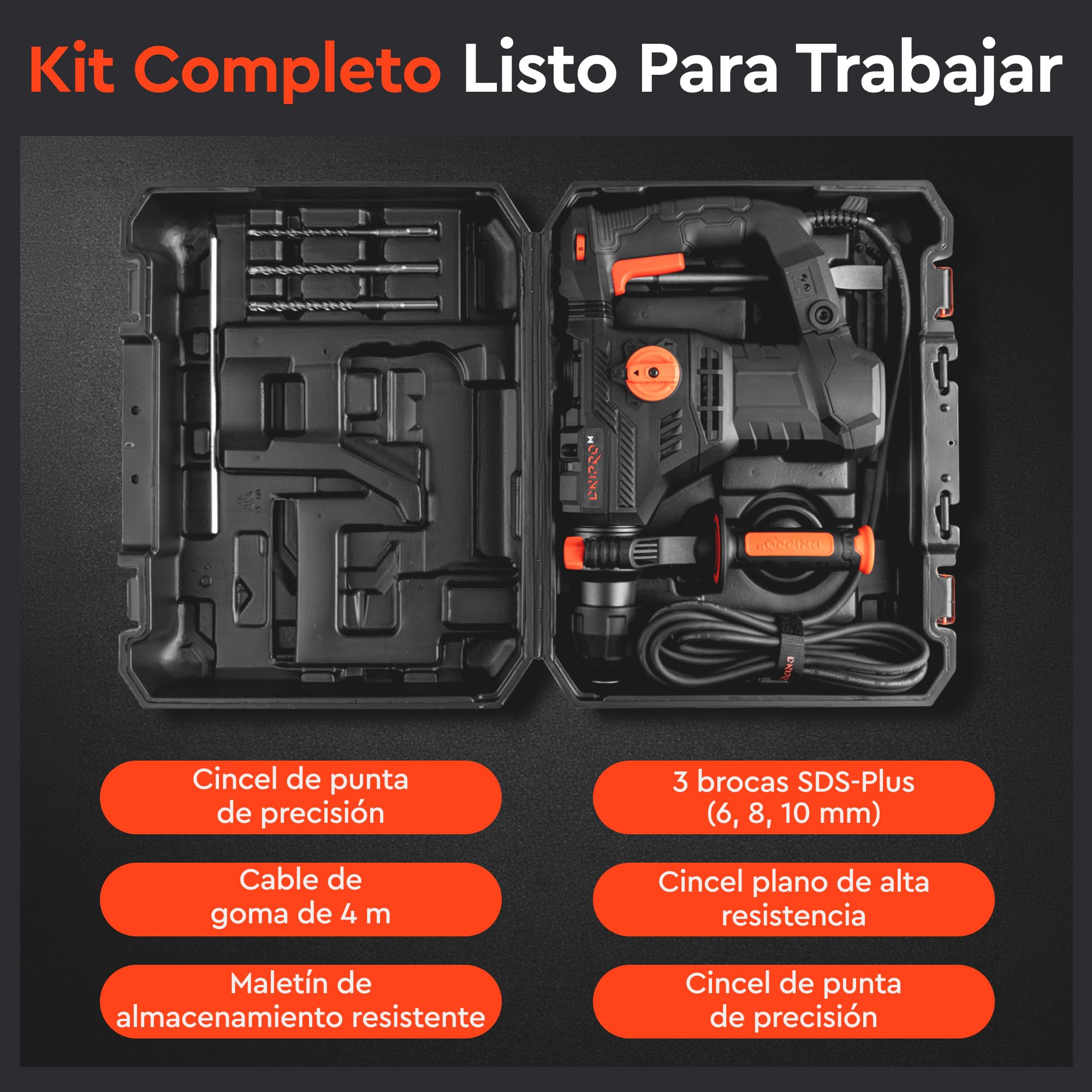 Martillo Perforador SDS Plus 1650W 5,5J, Taladro Percutor Profesional 4 Modos, Velocidad Variable, Sistema Antivibración, Embrague de Seguridad R-Control, Ø36 mm Hormigón, Cable 4 m, BH-20