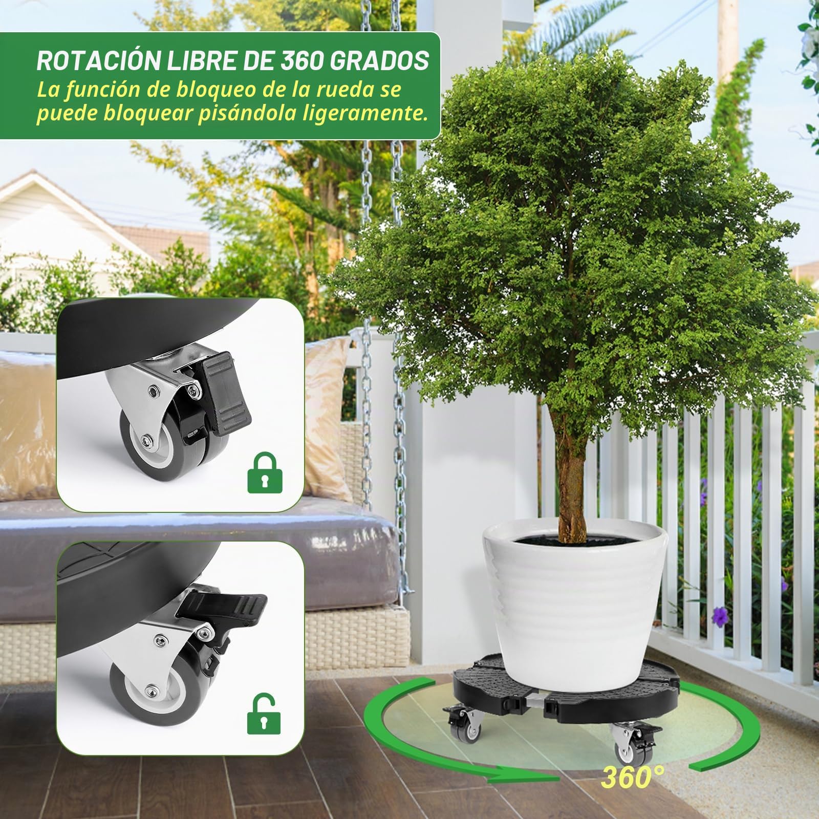Plataforma con Ruedas, Ajustable Ø 35-48cm, Capacidad de Carga 150 kg, Soporte para Macetas con Ruedas 360 ° Giratorio, Soporte para Macetas Exterior Interior Jardín, Negro