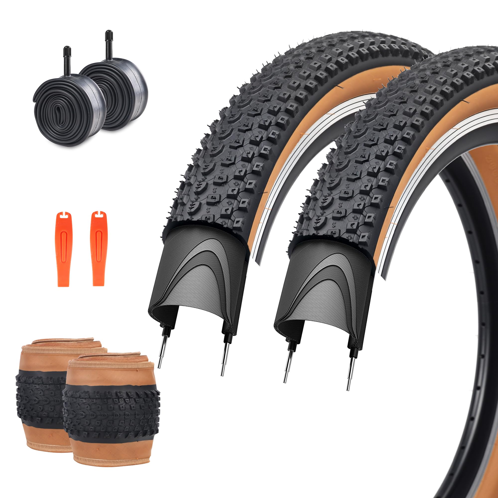 ZUKKA Pack of 2 Bicycle Tyres 26 x 2.125 Mountain Bike Tyres + 2 Pack Bicycle Inner Tubes AV48 mm Folding Replacement Tyres for MTB Mountain Bike, Children, Brown