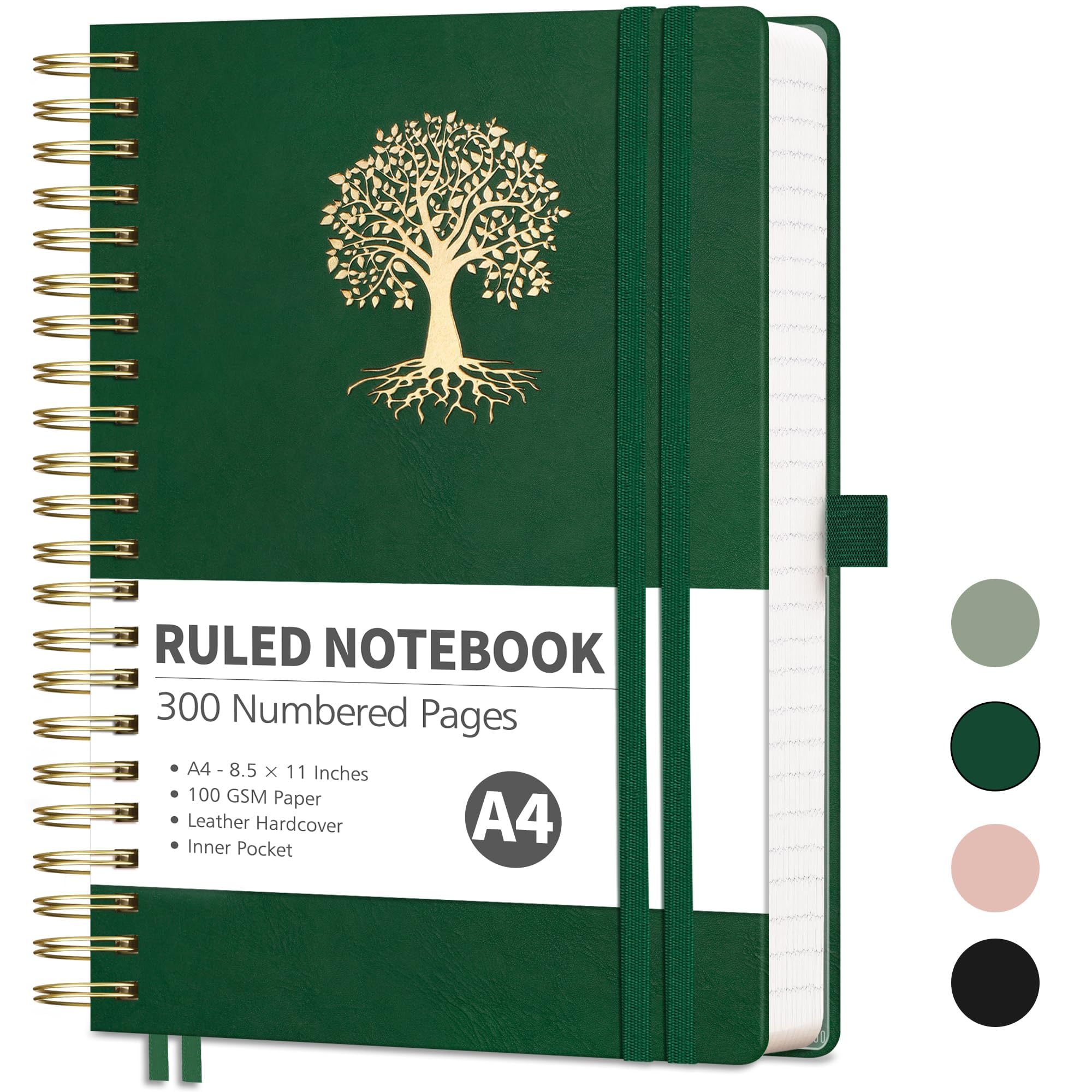 RETTACY Spiral Notebook, A4 Lined Journal Notebook with 300 Numbered Pages, Journaling Notebooks, Notebooks for Work, School, Leather Hardcover, 100 GSM Paper, Inner Pocket, 8.5" × 11" (Dark Green)