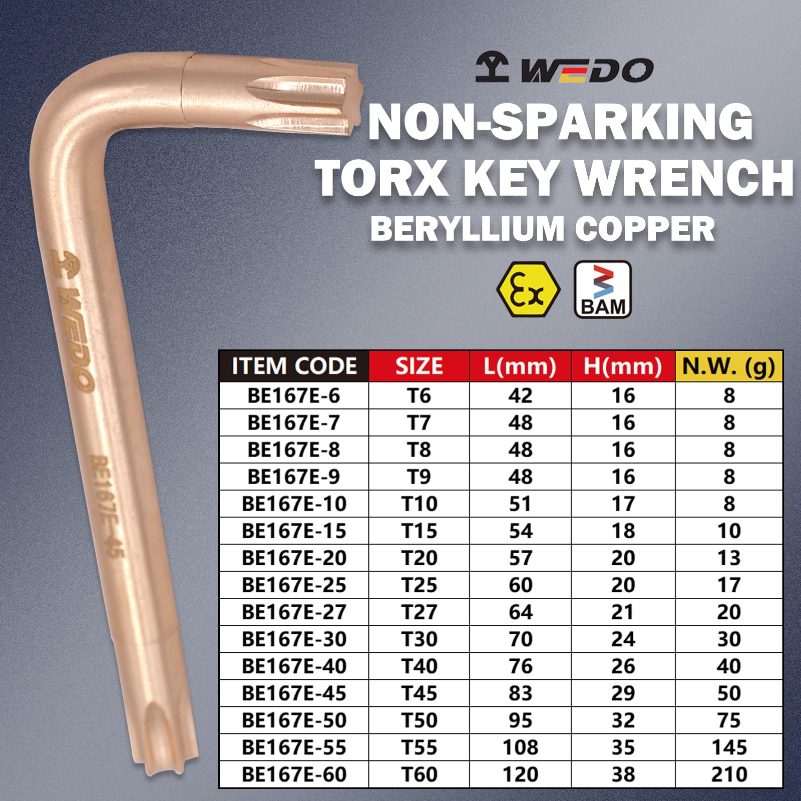 WEDO Nieparkingowy klucz Torx, klucz bezpieczeństwa bez iskier, miedź berylowa, standard DIN, certyfikat BAM i FM, szerokość T50