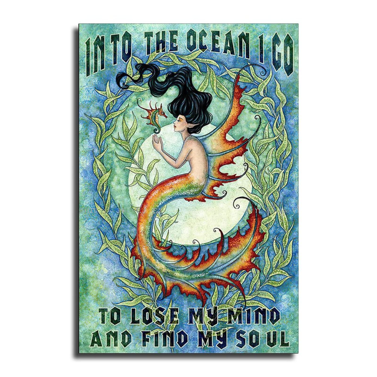 Poster Mermaid Into the Ocean I Go to Lose My Mind and Find My Soul, toile, art de la natation vintage, cadeau inspiré de l'océan pour les filles, nageurs - France