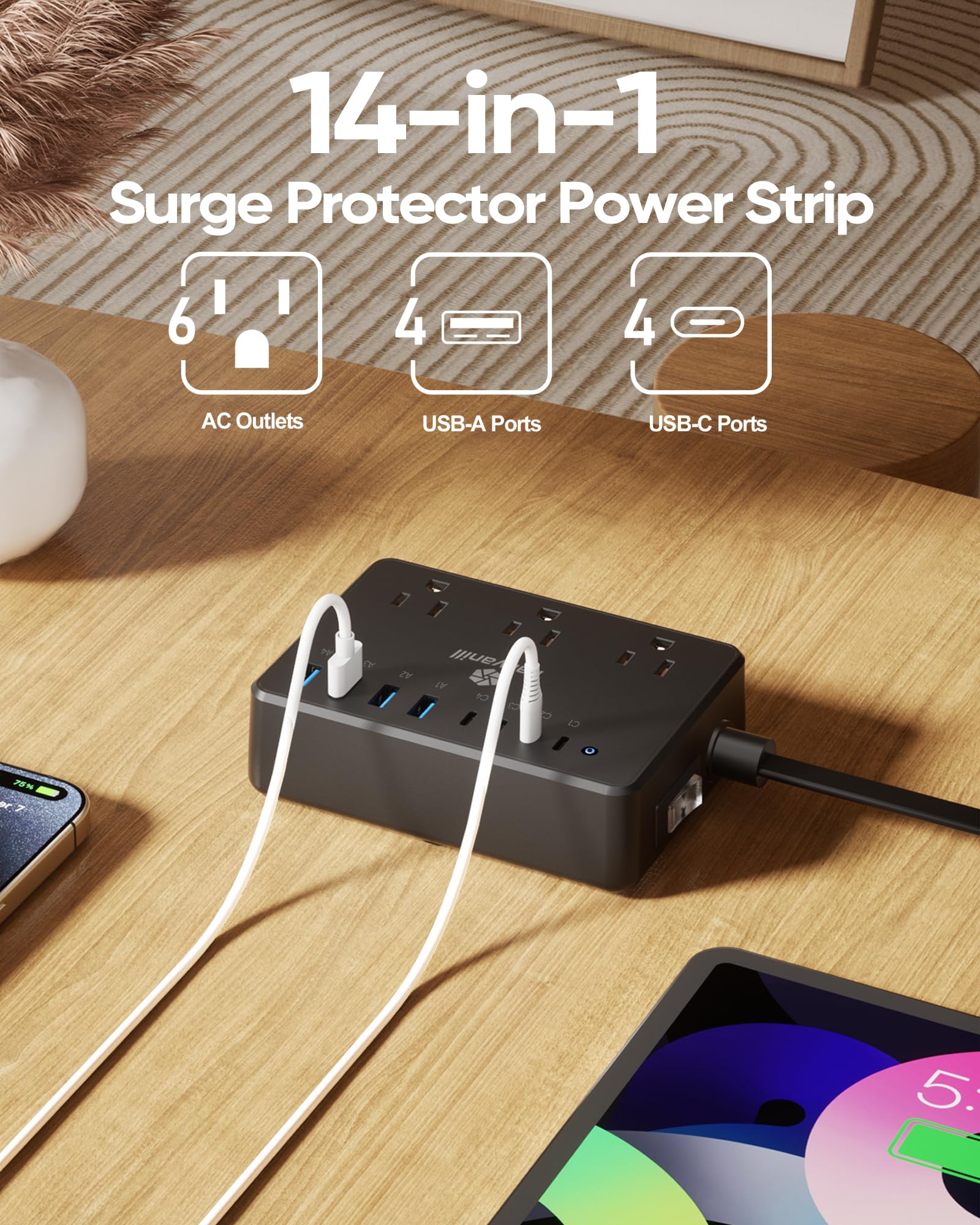 Kakyanill - 100W Steckdosenleiste, 6 AC-Ausgänge, 8 USB-Ports (4 USB C) mit Überspannungsschutz 2000J, 5 Fuß Flachstecker Verlängerungskabel, kompakt für Computer