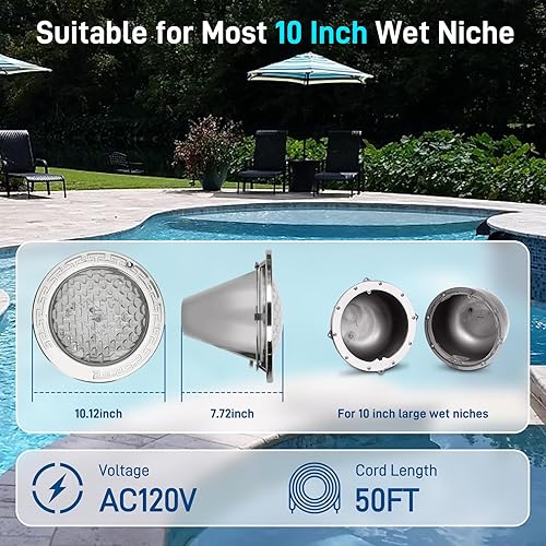 Miniatura 2 de CAtArt Luces de piscina de 10 pulgadas para piscinas enterradas (blanca), luces LED AC120V adecuadas para nicho húmedo de 10 pulgadas, 35 W, cable