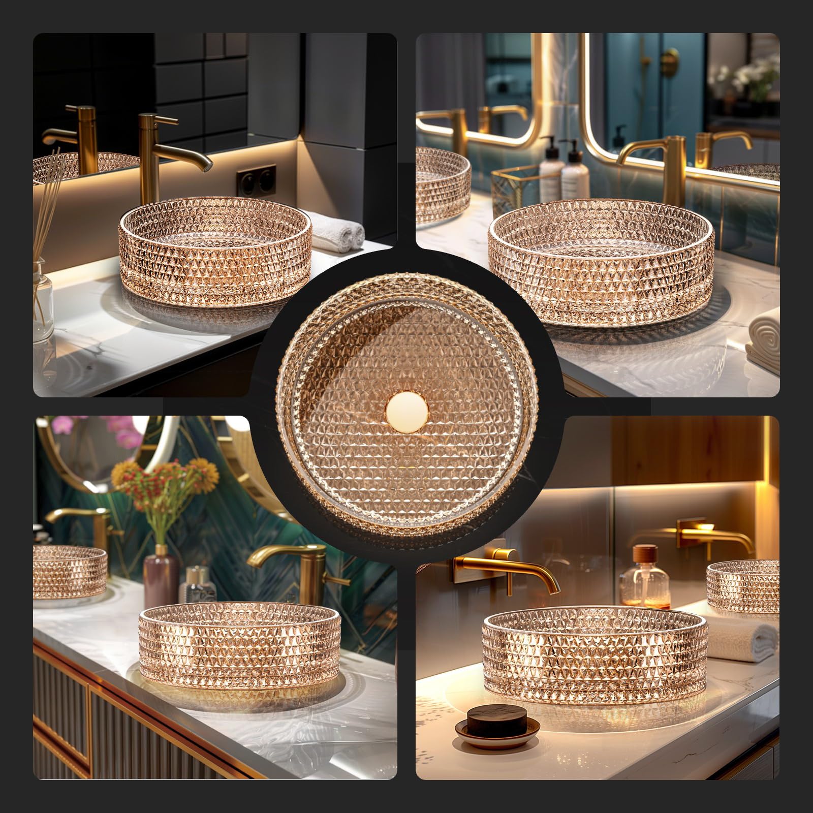 EMKE Lavabo para montar en cristal,360 x 360 x 112 mm,rosa dorado | Lavamanos redondo, lavabo de para baño y WC de invitados, lavabo sin orificio para grifo