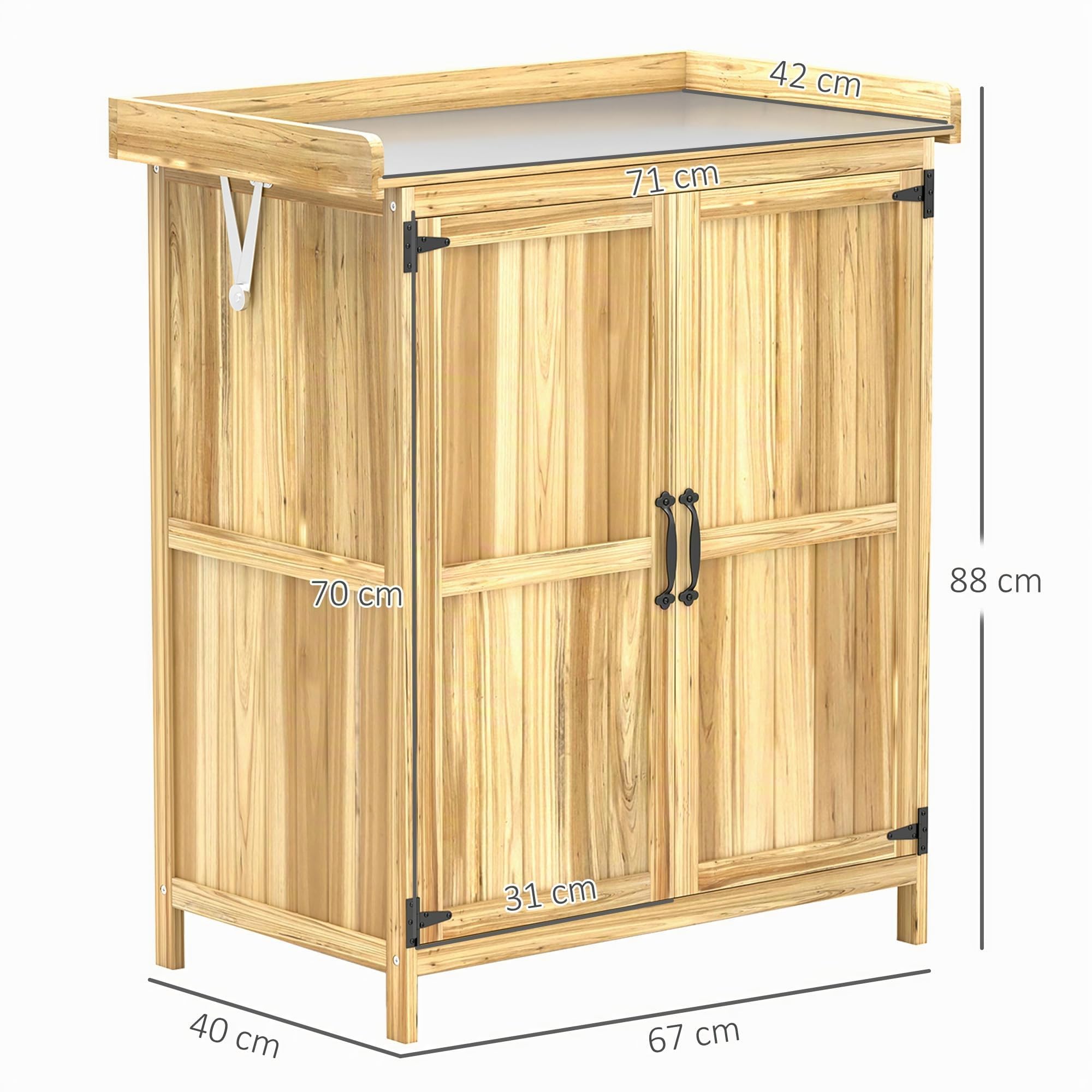 Outsunny Armadio da Giardino in Legno di Abete 74x43x88 cm Color Legno | Casetta Porta Attrezzi da Esterno, 2 Ante Bloccabili, Piano in Metallo, Mensola, per Giardino Patio Prato