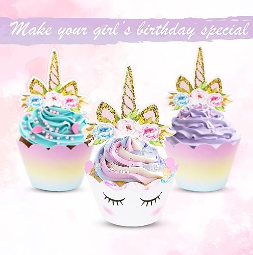 Miniatura 2 de ecoZen Adornos de unicornio para cupcakes y envolturas, forros reversibles de arco iris para cupcakes con adornos de unicornio, lindos suministros