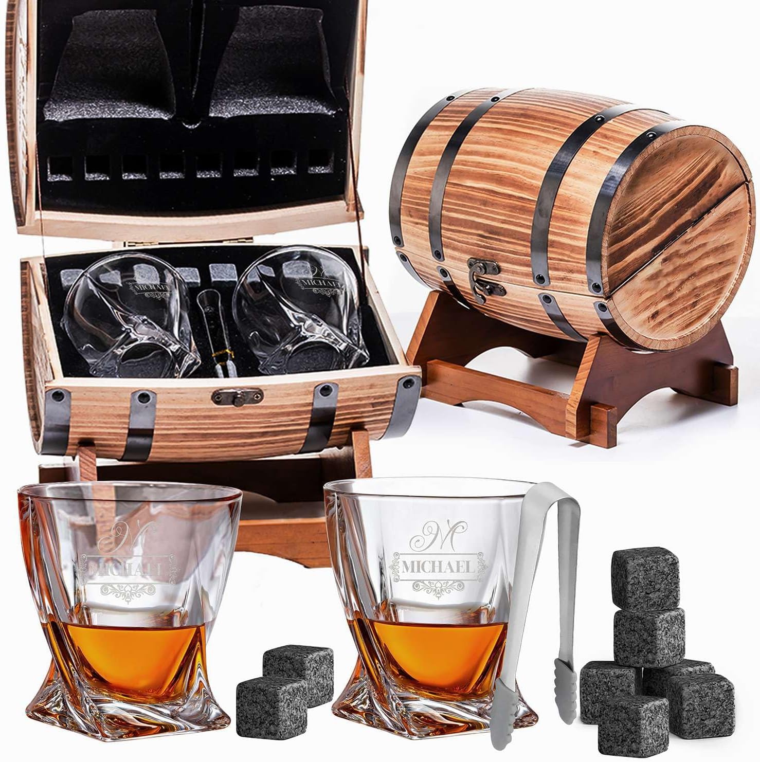 Custom Filigree Monogram Name 6 Options Whiskey Glass Gift Set of 2 Glasses, 8 Granite Chilling Stones & Tongs in Rustic Wooden Barrel – Personalized Scotch, Bourbon Lovers Gift - Thumbnail 2