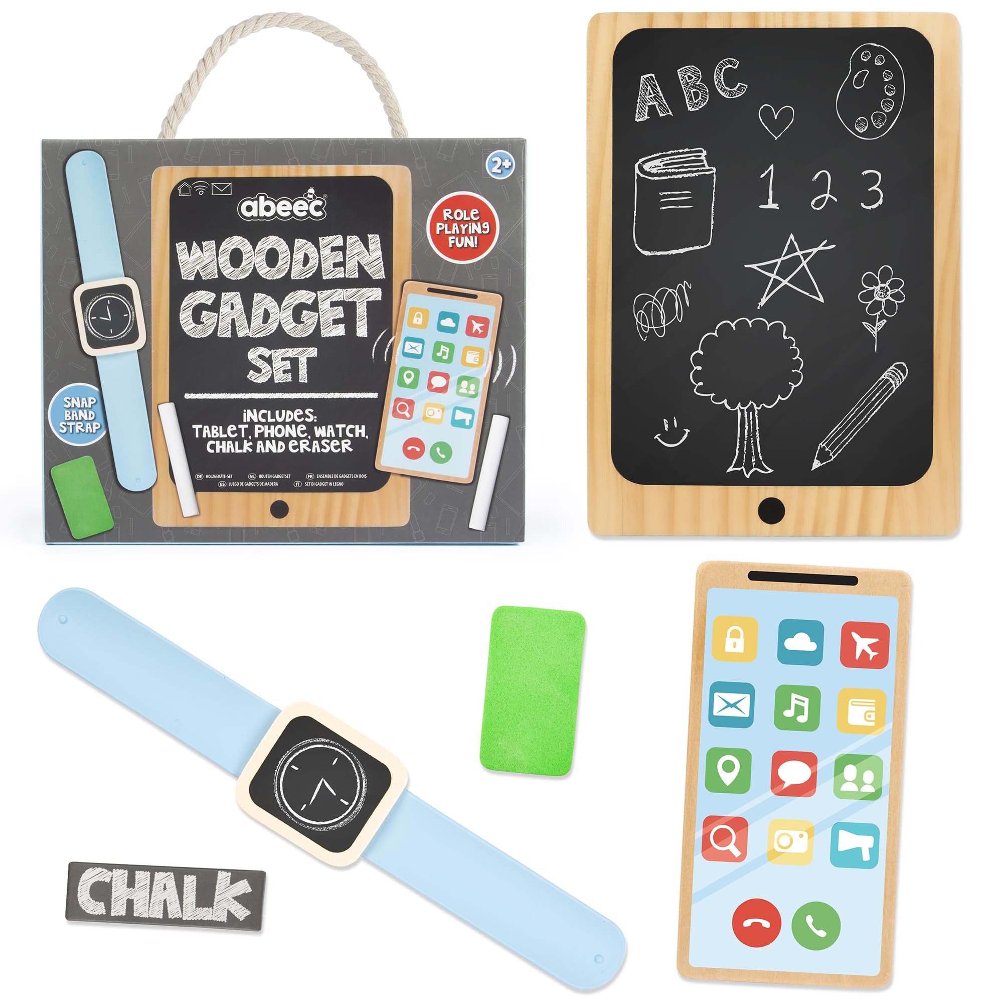 abeec Wooden Pretend Gadget Toy Set for Toddlers | Role Play Tech Kit with Chalkboard Tablet, Toy Phone & Snap-On Watch | Screen-Free Montessori Learning Toys for Kids Age 2+