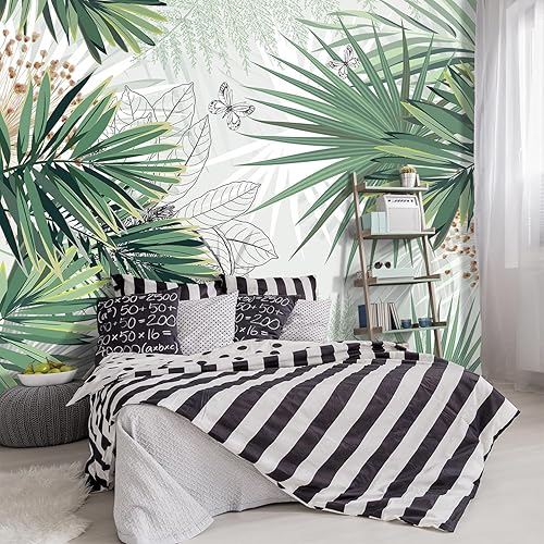 Miniatura 1 de YIHWM - Papel tapiz de hojas de palmera con plantas verdes, papel tapiz de tela para dormitorio, papel tapiz de mariposa botánica tropical, papel