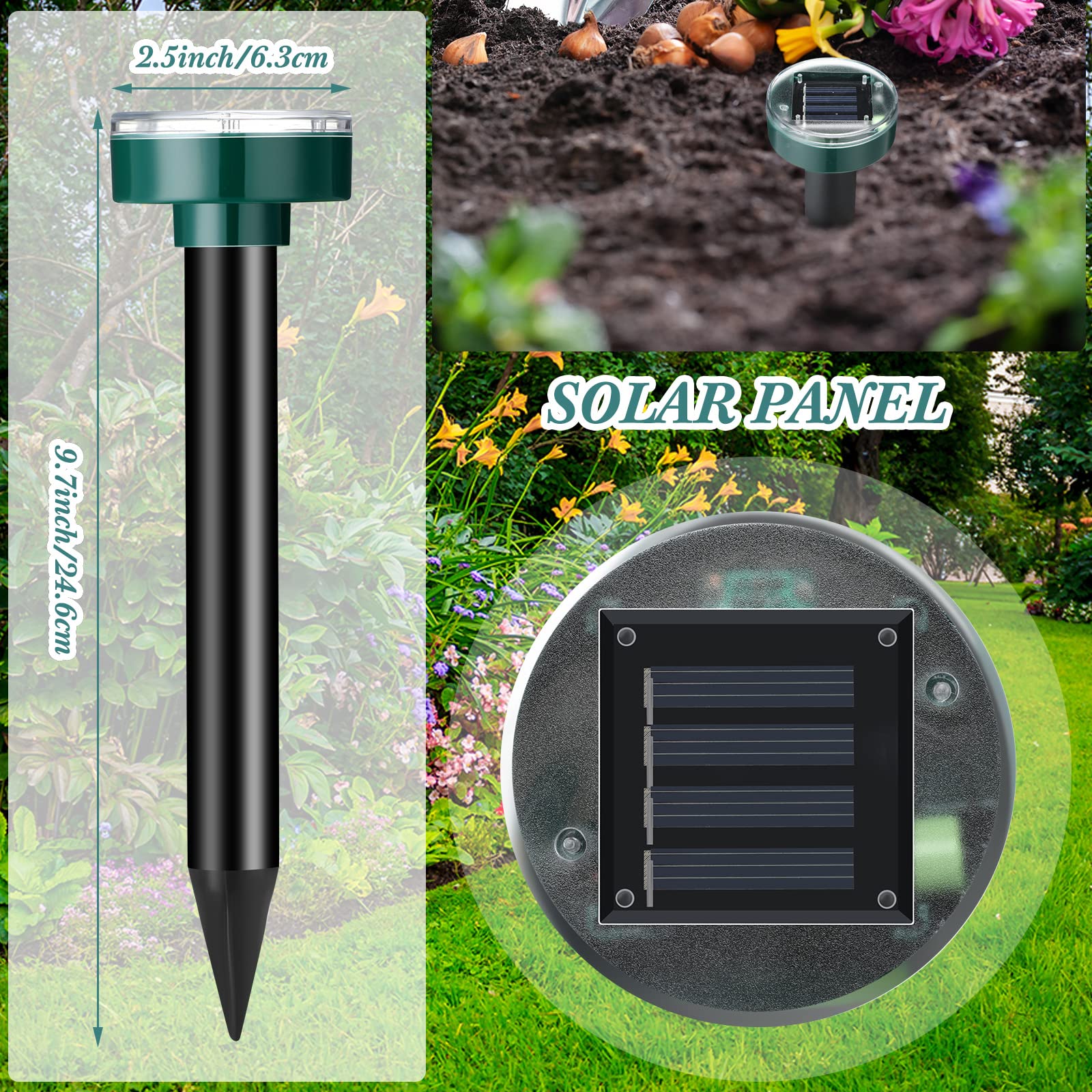 Repellente per talpe ad ultrasuoni, ad energia solare, per esterni, per prato, giardino, serpenti, talpe, marmotte, arvicole e altri topi scavatori, rotondo (6)
