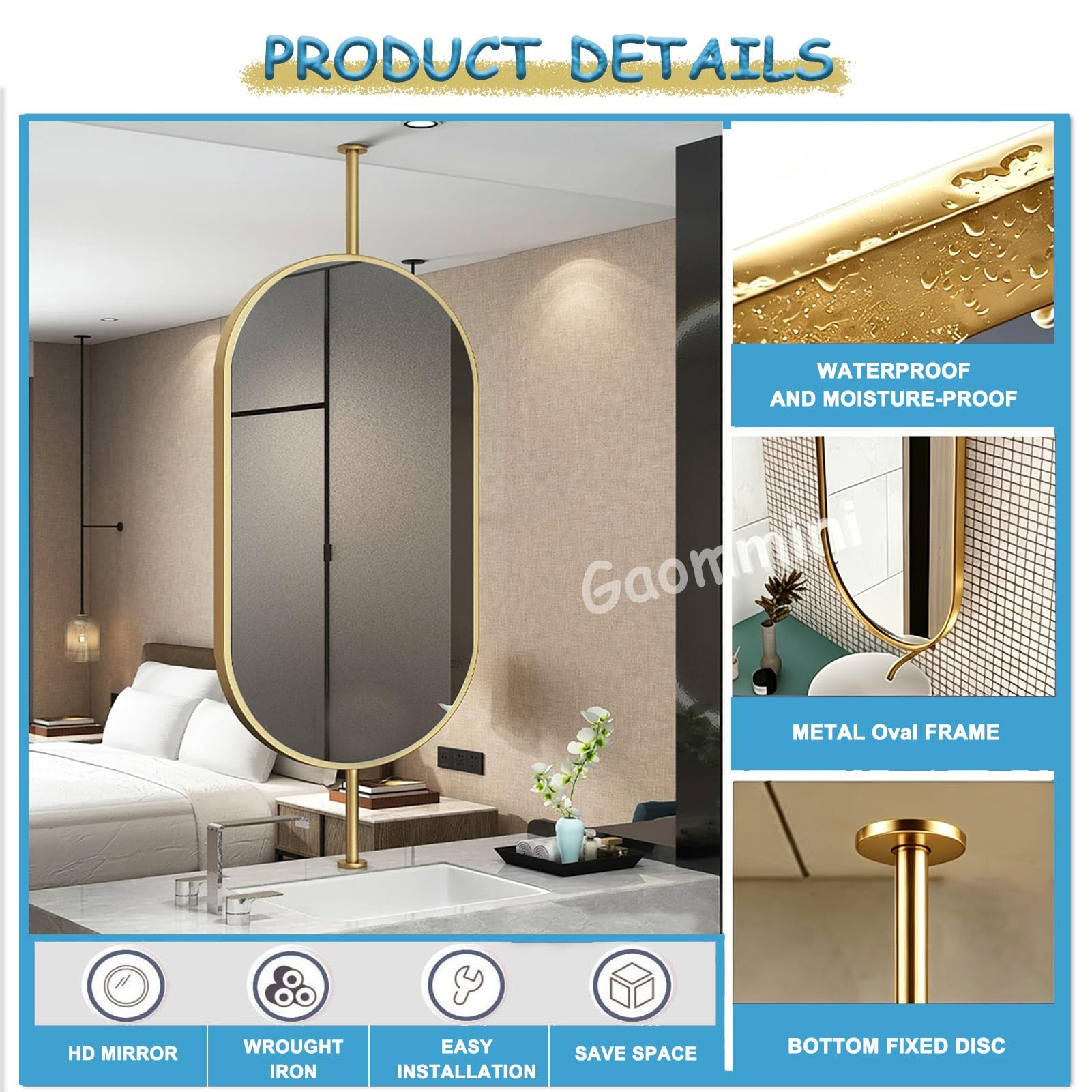 Grande specchio ovale per il trucco del bagno, casa o hotel, specchio sospeso montato a soffitto, specchio da parete galleggiante, oro(50cmx60cm)