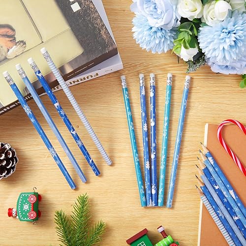 Miniatura 6 de Lápices de invierno con borrador, lápices de copos de nieve, lápices de madera para fiestas de invierno, regalos, suministros escolares de oficina