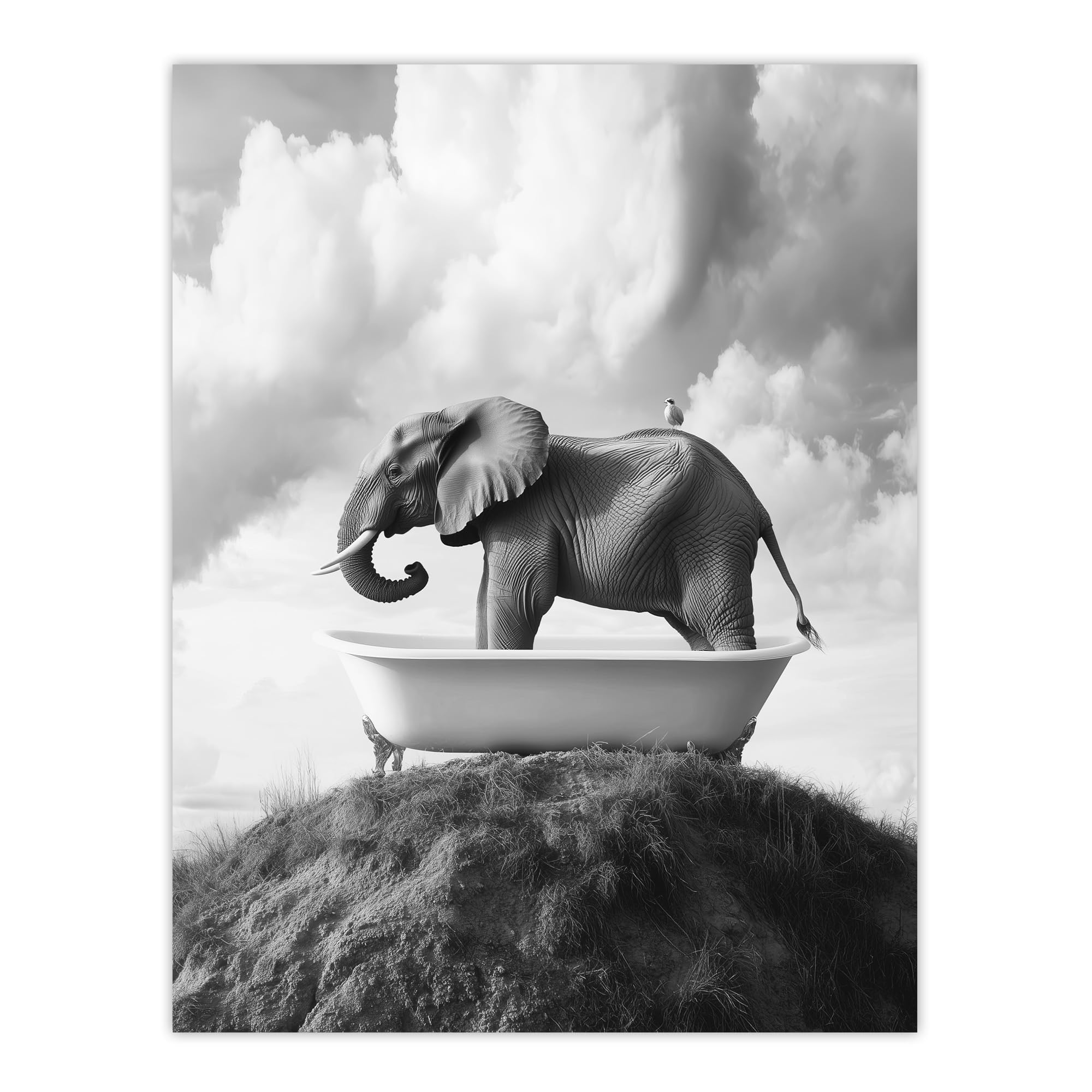 Artery8 Elephant in Bathtub on a Hill Black White Surreal Living Room Extra Large XL Wall Art Poster Print