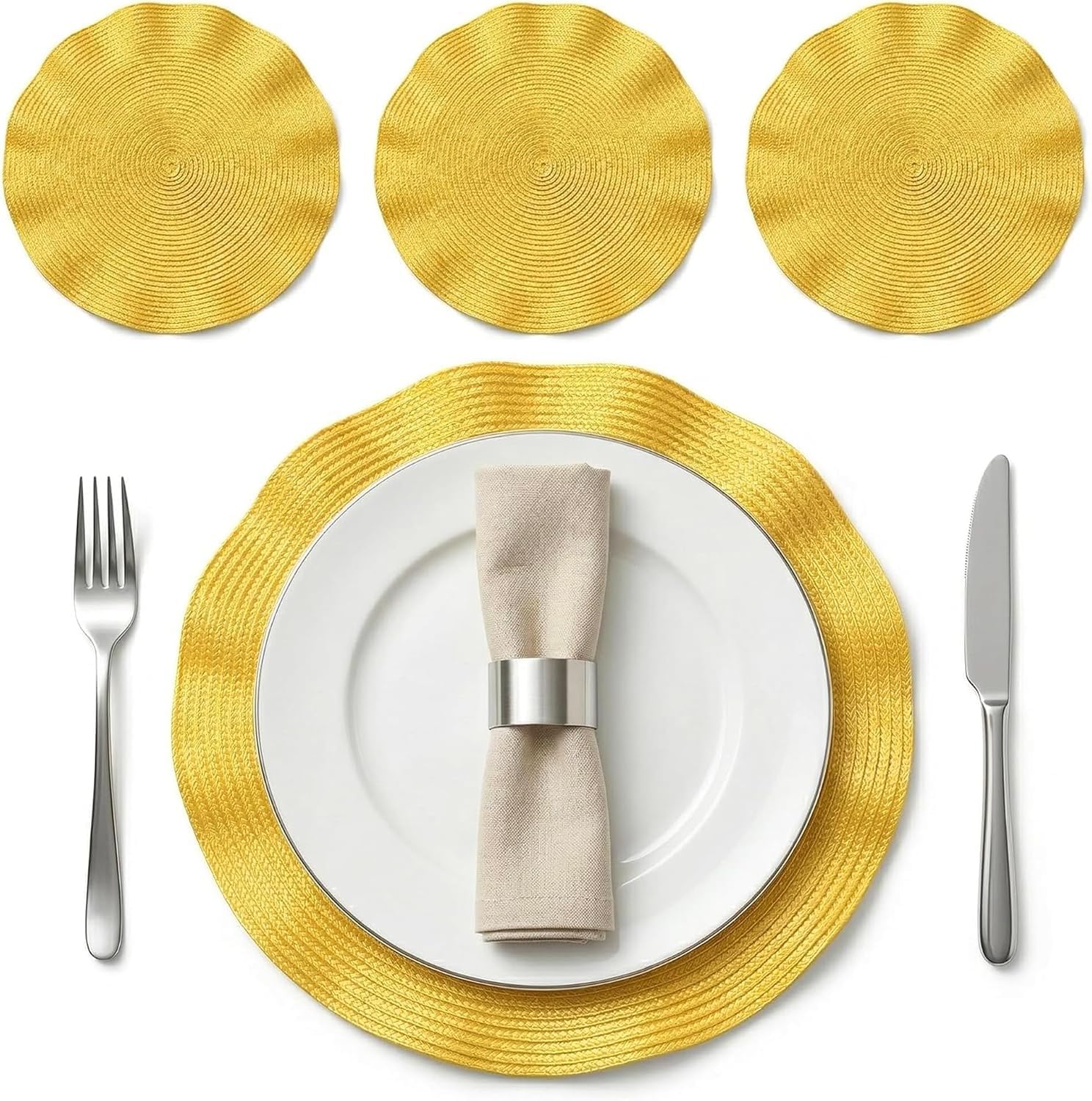 OBD Table Placemats Set of 4 Woven Table Mats Heat Resistant Non Slip Washable Round Dining Table Placemats Scalloped Edge Kitchen Table Mats for Home Decor (Yellow, 19cm)