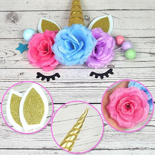Miniatura 4 de 38 piezas de decoración de pastel de unicornio con bolas de flores, estrellas, unicornio, decoración de pastel de feliz cumpleaños (flor)