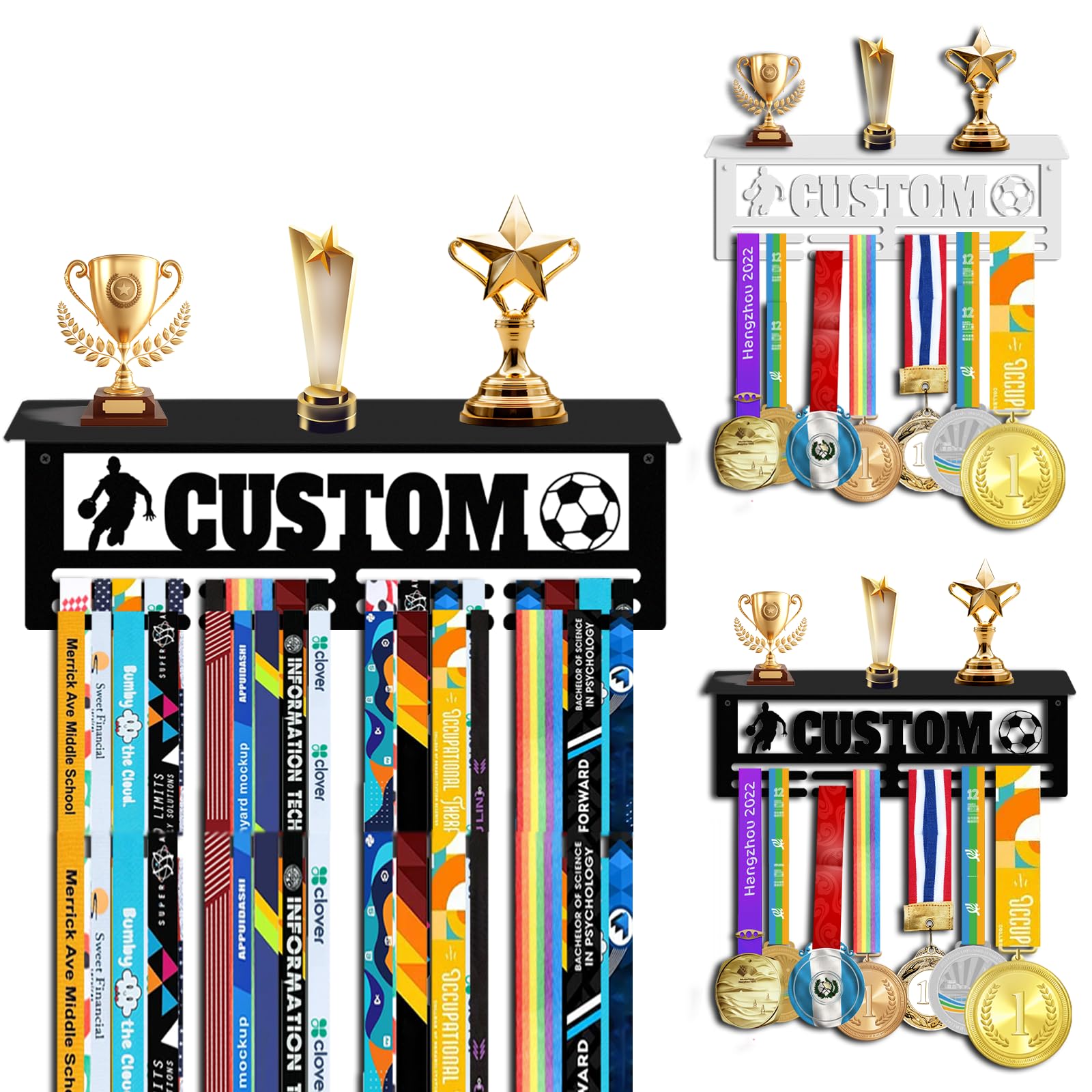 Perchero de medallas personalizado de acero, estante para premios y cintas, soporte de pared con diseño de nombre y deporte