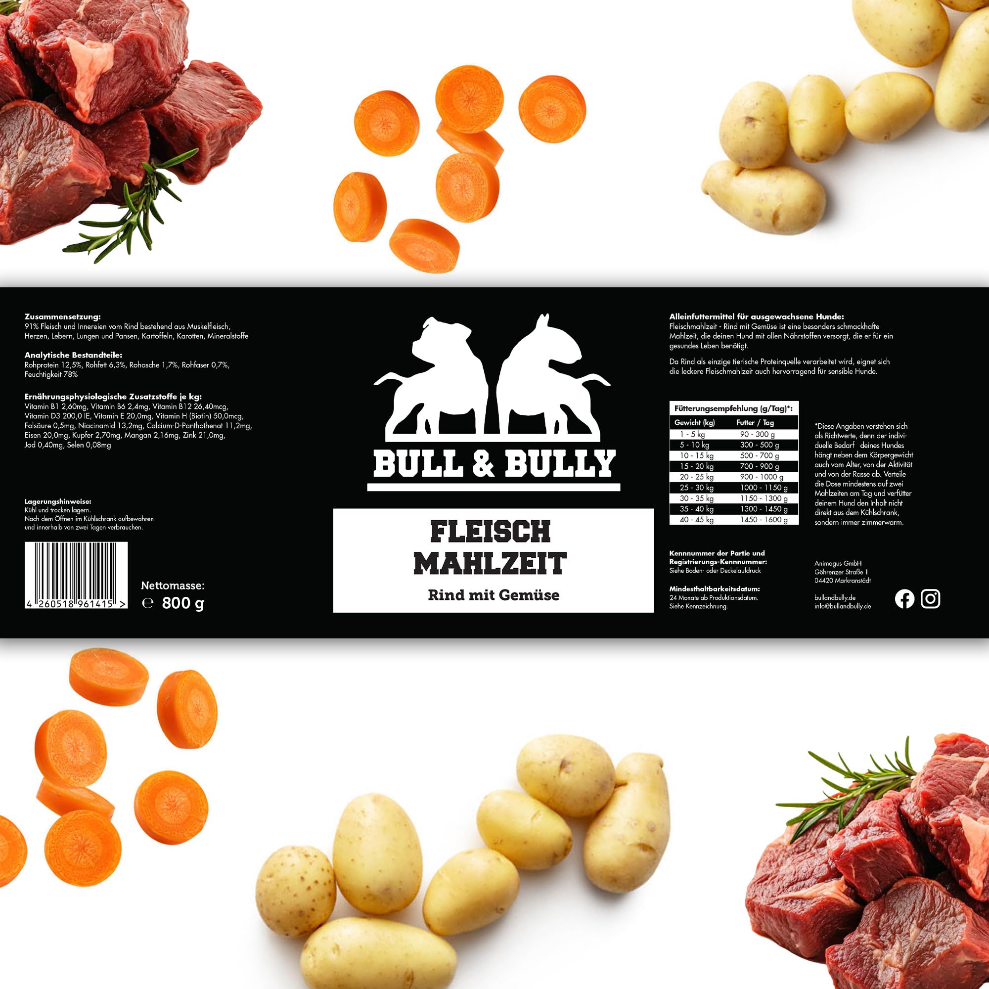 Hundefutter Nass 800g 12x Fleischmahlzeit Rind mit Gemüse