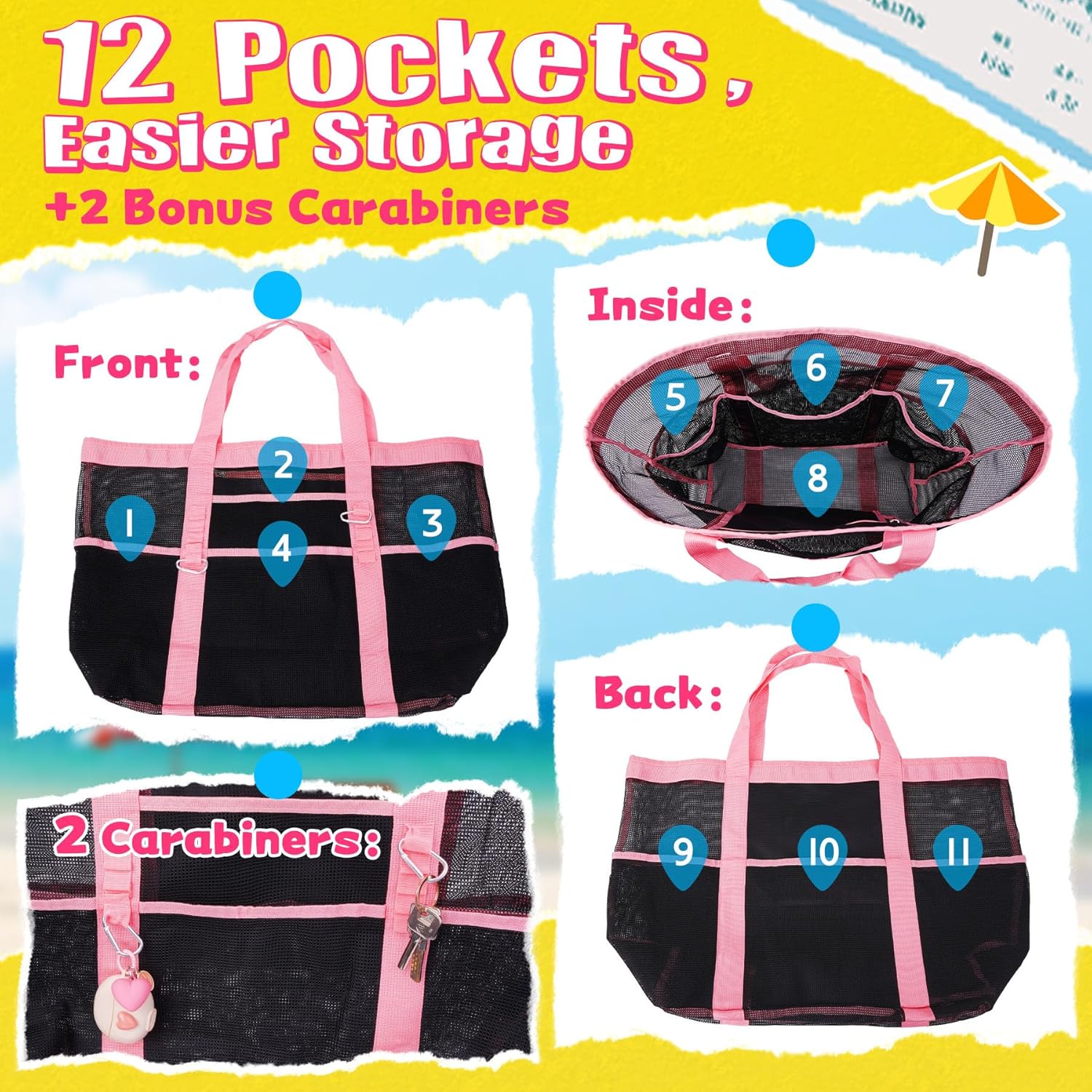 Stylish & Spacious XX-Large Beach Bag for Women – 12 Pockets, Foldable & Lightweight Mesh Tote, Includes 2 Carabiners - Image 4