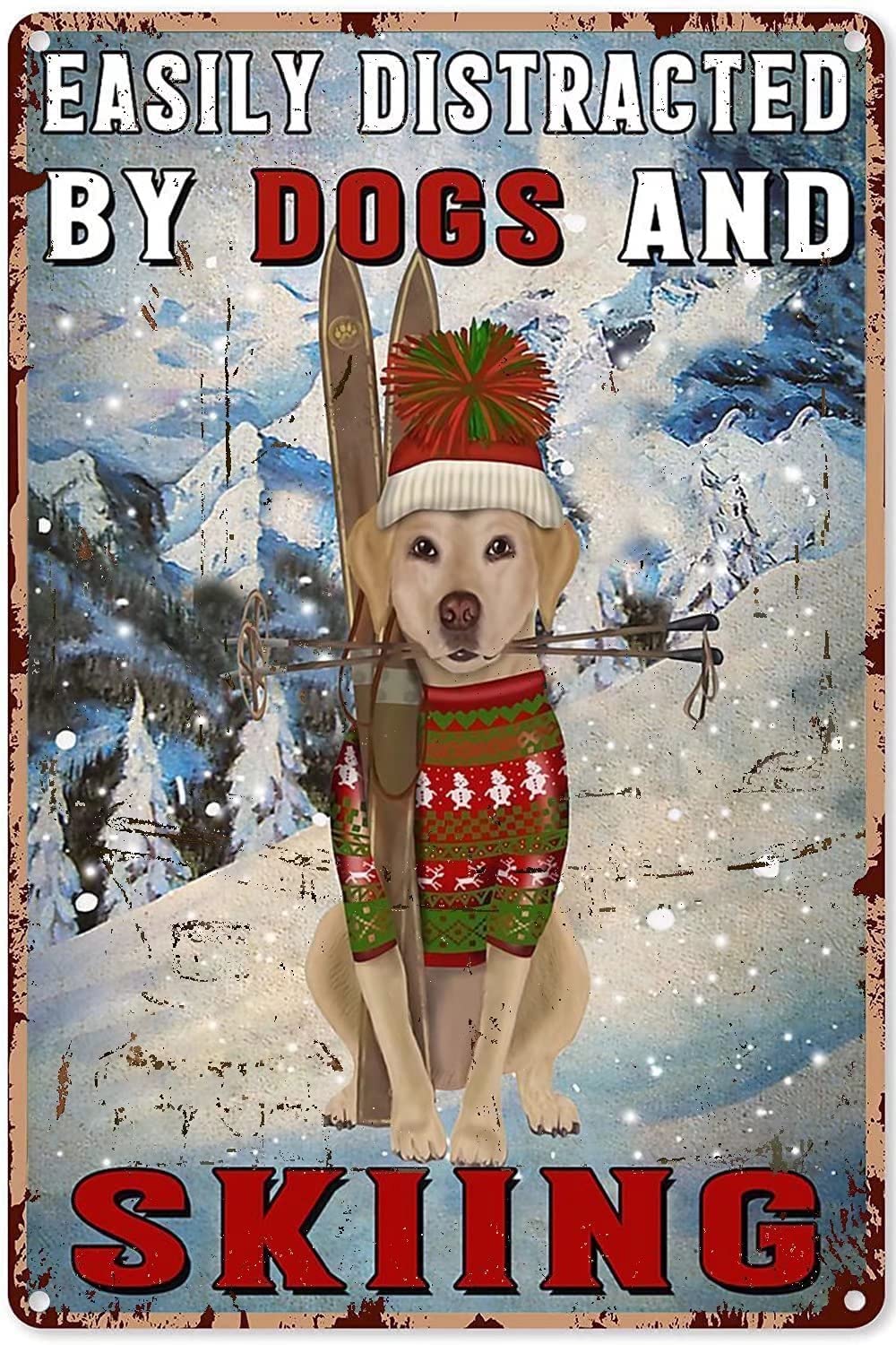 Tin Sign Dog Skiing Vintage Retro Collectible tin Sign Wall Decoration Poster Home bar Restaurant Garage Cafe Art Metal Sign Gift 12x8 Inch