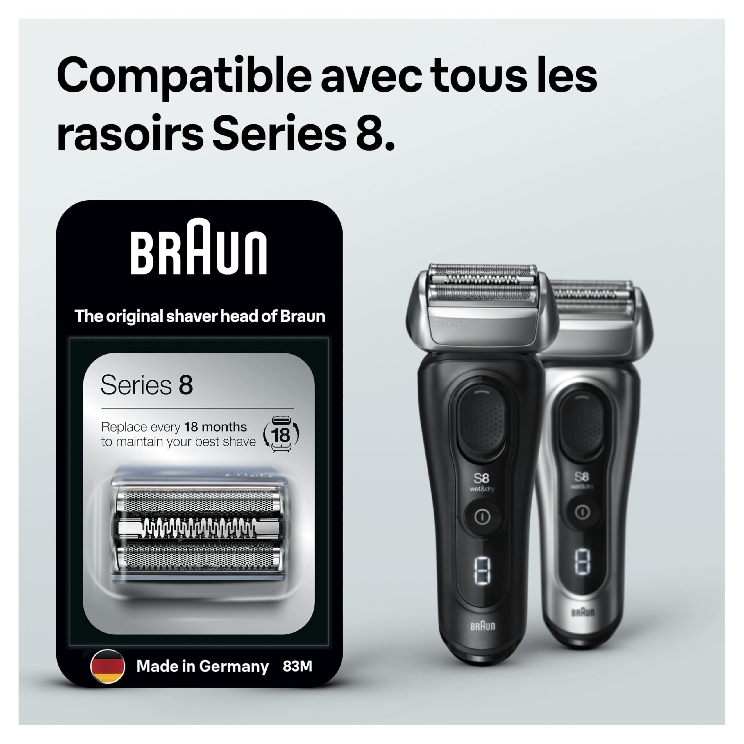 Braun 83M, Tête De Rasoir De Rechange, Originale, Pour Rasoir Électrique Series 8 – Argent