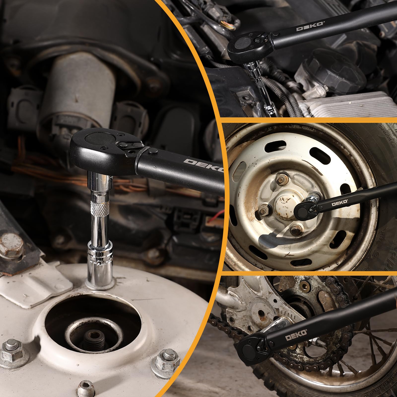 DEKOPRO Clé dynamométrique à cliquet pour roue de voiture 3/8, 24 dents, 13,6 – 108,5 Nm ± 4%, précision d'erreur 370 mm, clé pour vélo, voiture, moto