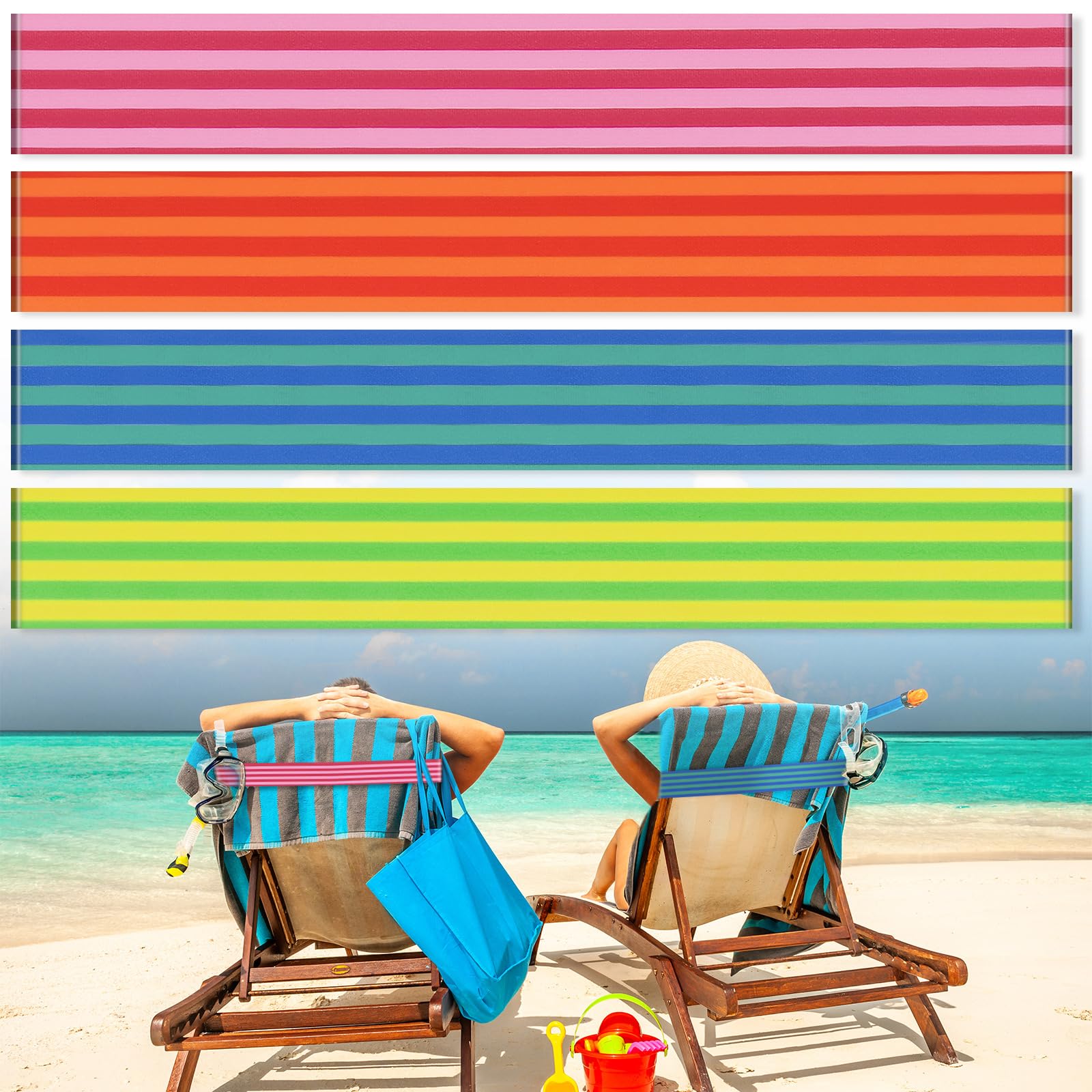 Boao 4 Pack Beach Towel Bands for Chair, Elastic Strap,Stripe Style