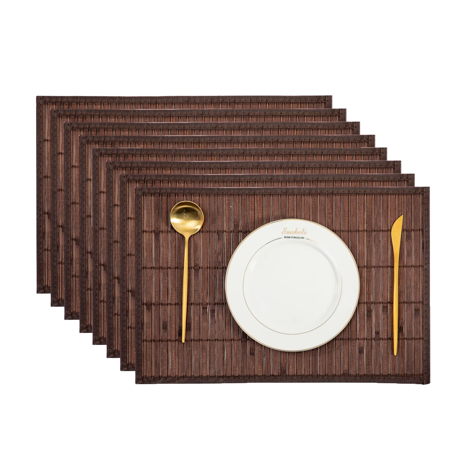 Manteles individuales lavables de bambú, antideslizantes, antimanchas, aislantes del calor, resistentes a la corrosión, juego de 8 manteles individuales para la mesa de cocina (marrón oscuro)