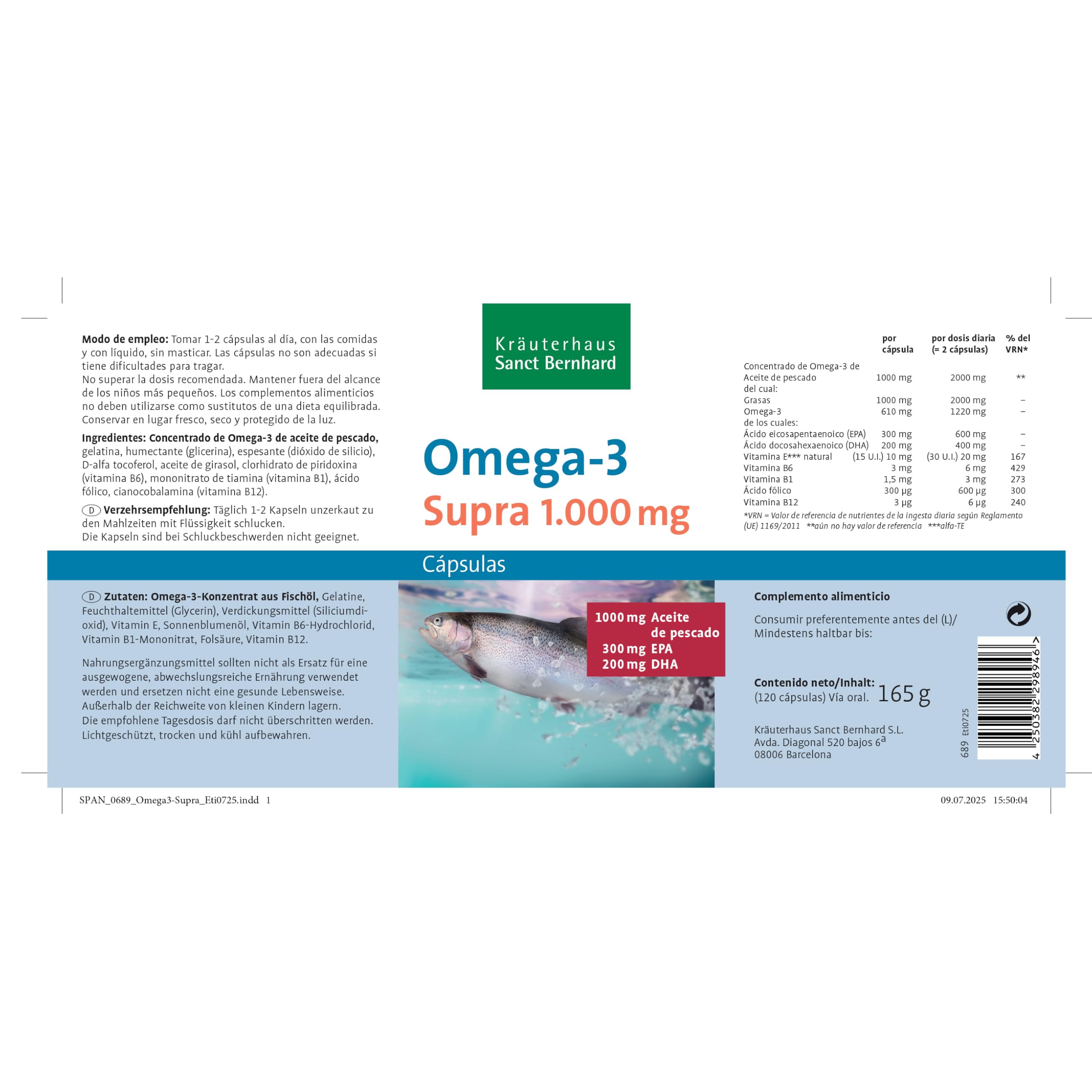 Omega-3 Supra-1000mg - 3x 120 Cápsulas | Omega 3 EPA, DHA con ácido fólico y vitaminas B1, B6, B12 y E | para hasta 9 meses