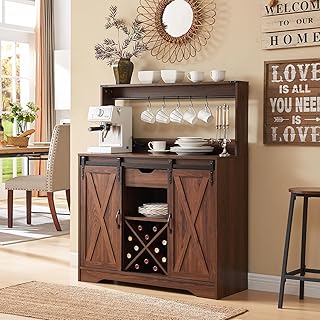 Wnutrees Farmhouse Coffee Bar Cabinet with Charging Station and USB Ports, Sliding Barn Door, 39" Kitchen Hutch Sideboard Buffet Storage Cabinet, Fits Kitchen Dining Living Room, Brown