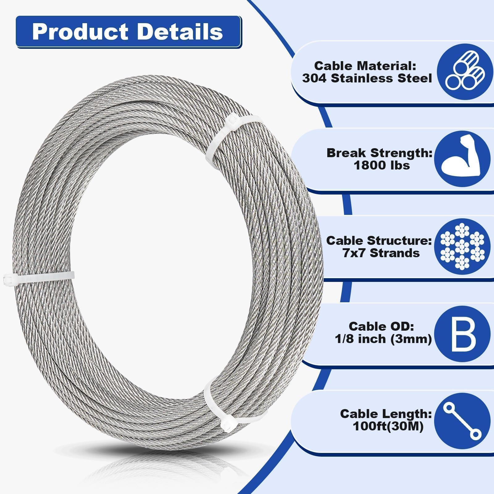 TooTaci 3mm Drahtseil Edelstahl, 30M/3mm Stahlseil mit ösen, 12 Stück M3 Crimphülsen & 6 Stück M3 Seilklemme, 6 Stück Kauschen, 7×7 Edelstahlseil Spanndraht für Zaun, Gardinenseil, DIY Hängen